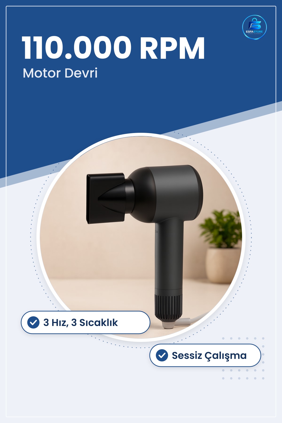 Saç Kurutma Makinesi. RPM Sessiz 3 Hız Sıcaklık Ayarlı Ev Tipi Fön Makinesi Banyo
