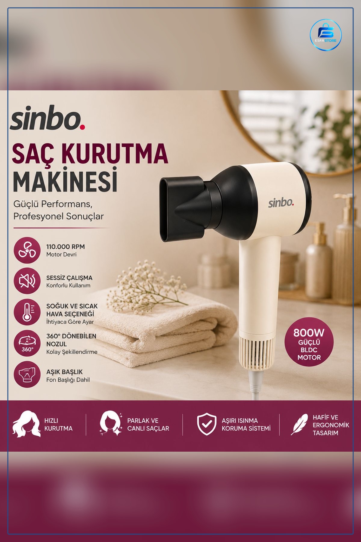 Saç Kurutma Makinesi. RPM 3 Hız ve Isı Ayarı Hızlı Fön Şekillendirme Ev Kullanımı Seyahat