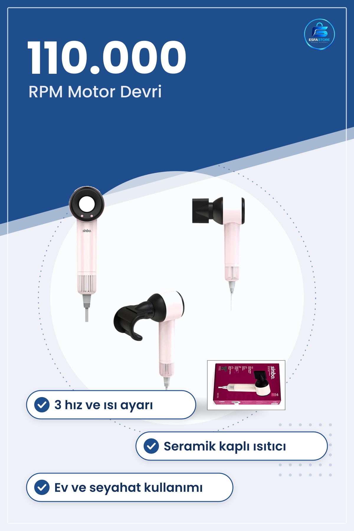 Saç Kurutma Makinesi. RPM 3 Hız ve Isı Ayarı Hızlı Fön Şekillendirme Ev Kullanımı Seyahat