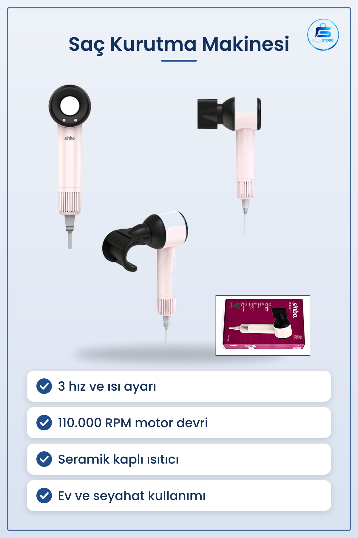 Saç Kurutma Makinesi. RPM 3 Hız ve Isı Ayarı Hızlı Fön Şekillendirme Ev Kullanımı Seyahat