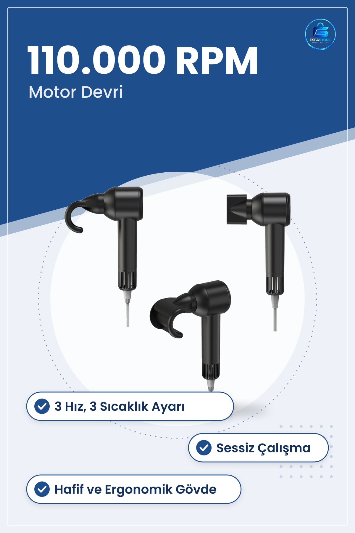 Saç Kurutma Makinesi. RPM 3 Hız Sessiz Çalışma Sıcaklık Ayarlı Ev Seyahat Kullanışlı