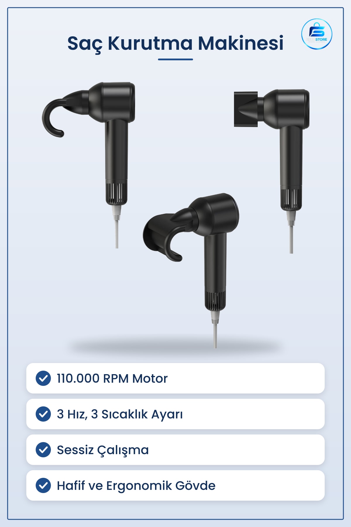 Saç Kurutma Makinesi. RPM 3 Hız Sessiz Çalışma Sıcaklık Ayarlı Ev Seyahat Kullanışlı