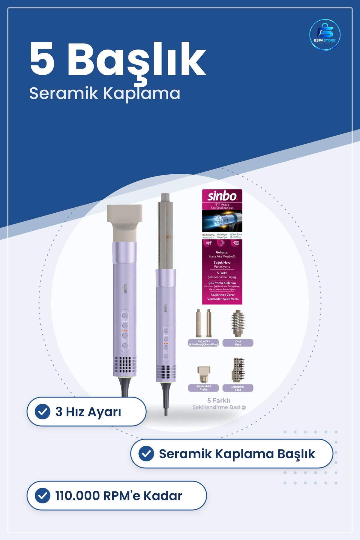 Saç Şekillendirme Cihazı 5 Başlık 3 Hız. RPM Fön Düzleştirici Bukle Hacim Verme Kullanışlı