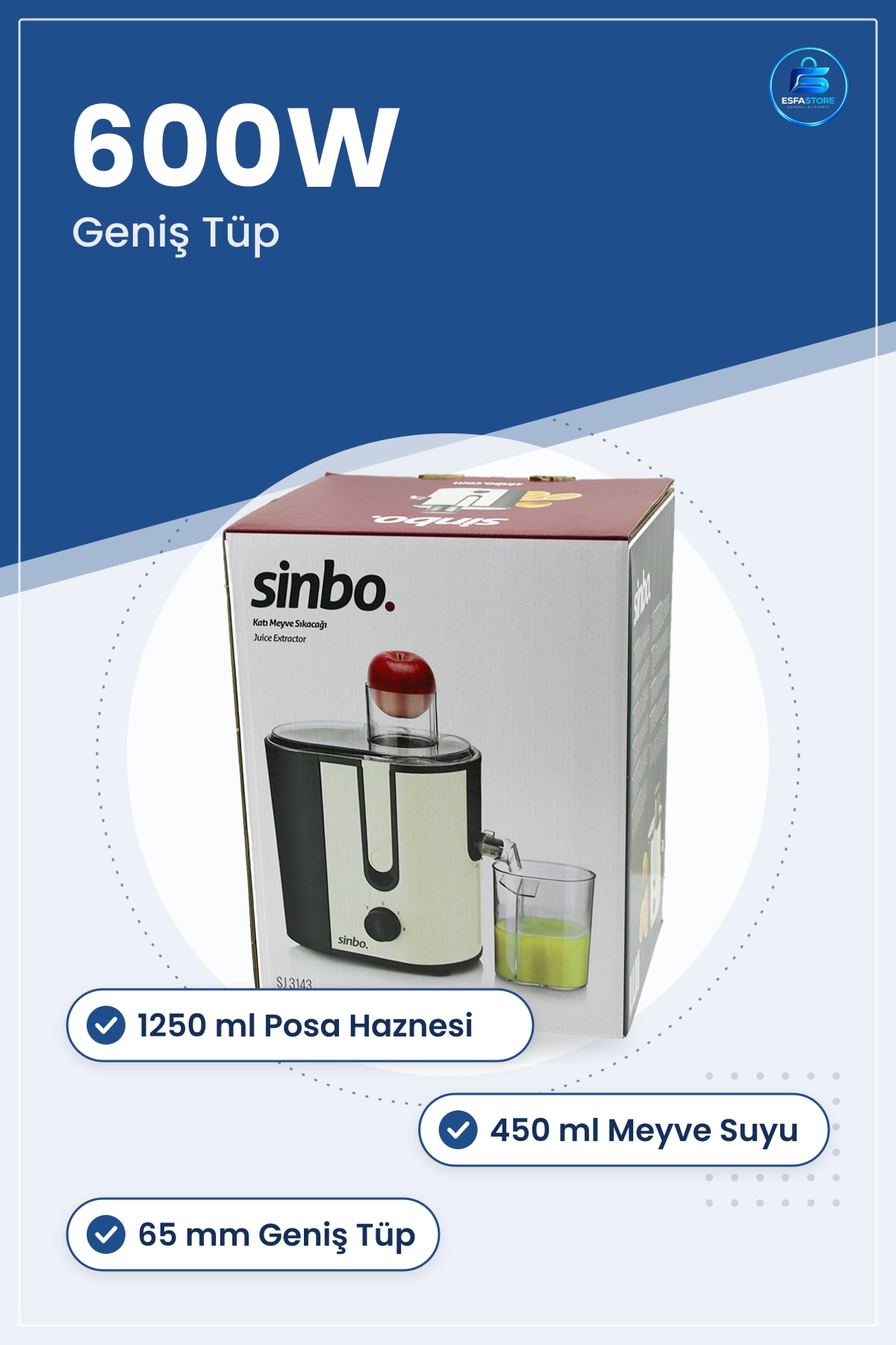 Katı Meyve Sıkacığı 600W 1250ml Posalı 450ml Hazneli Paslanmaz Çelik Filtreli Geniş Tüp Mutfak