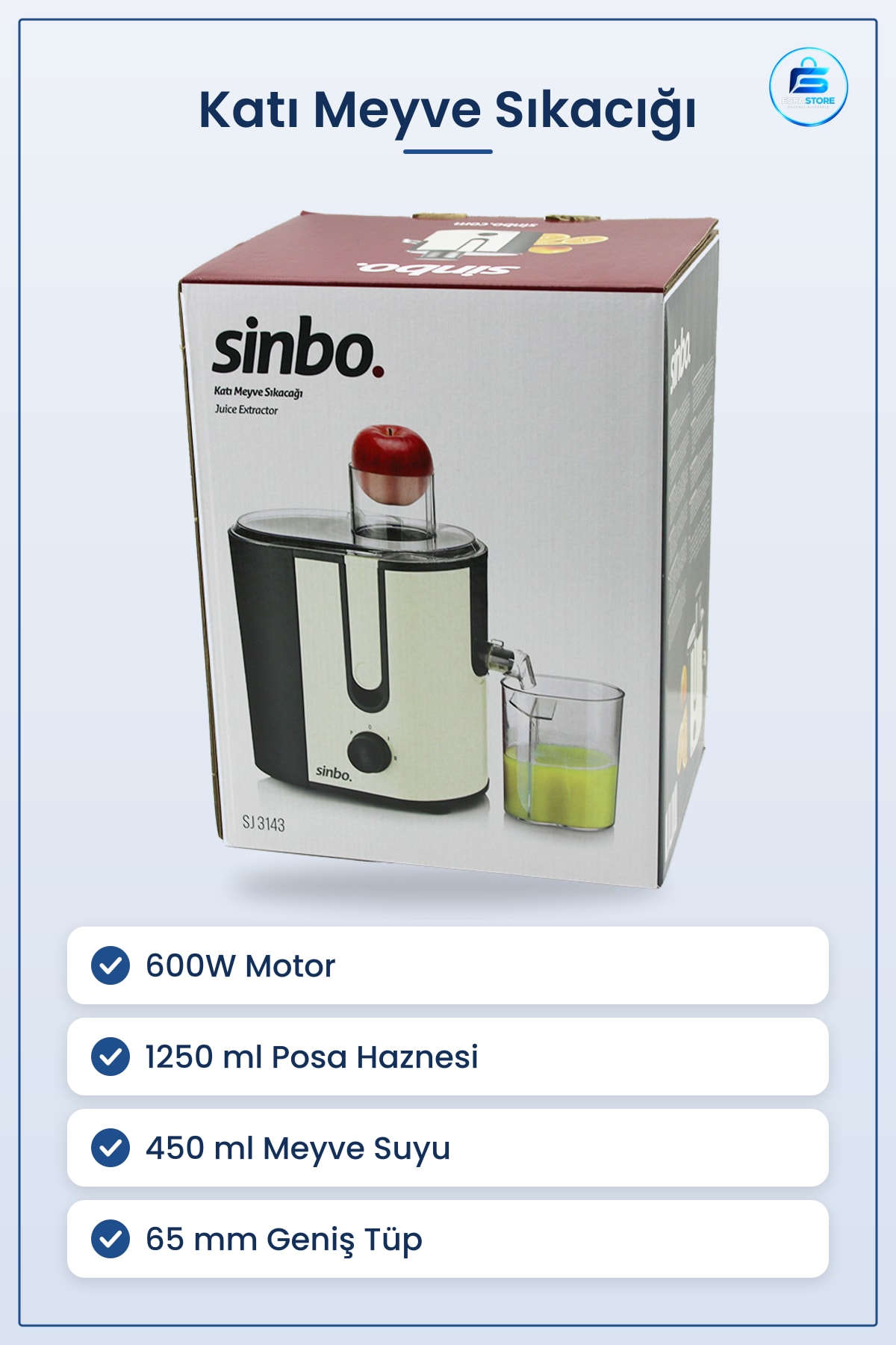 Katı Meyve Sıkacığı 600W 1250ml Posalı 450ml Hazneli Paslanmaz Çelik Filtreli Geniş Tüp Mutfak