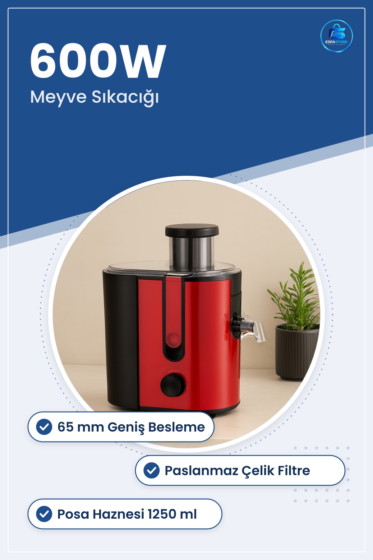 Katı Meyve Sıkacağı 600W 65mm Geniş Ağız Çelik Filtre Kırmızı Mutfak Sebze Suyu Makinesi