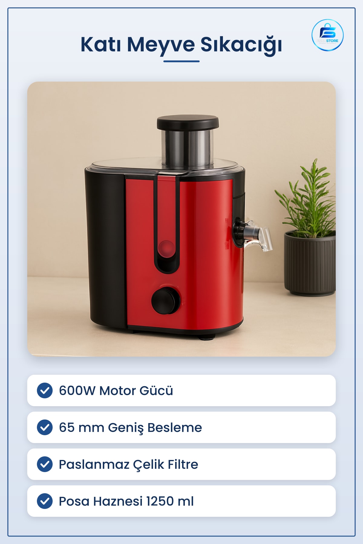 Katı Meyve Sıkacağı 600W 65mm Geniş Ağız Çelik Filtre Kırmızı Mutfak Sebze Suyu Makinesi