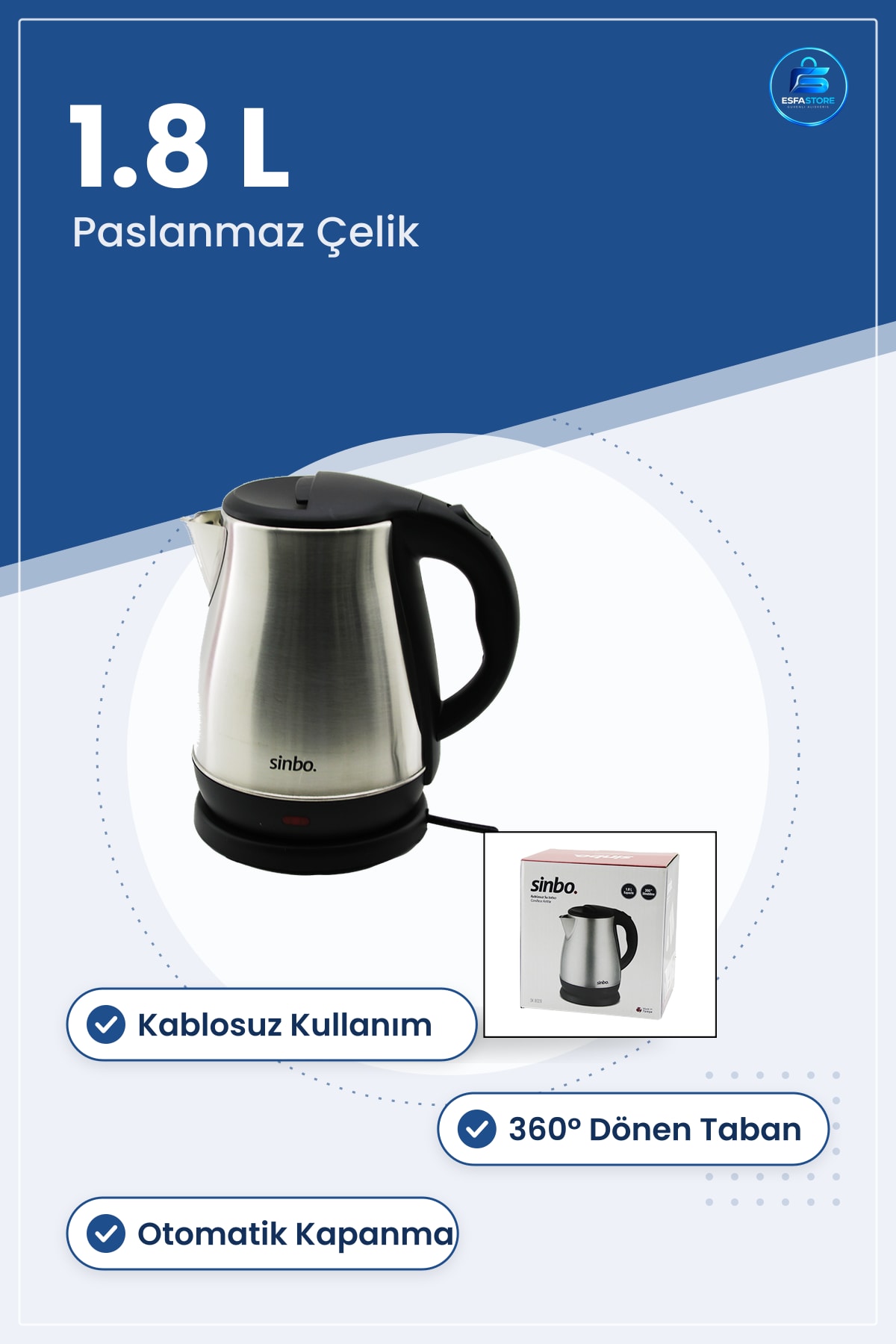 Su Isıtıcı Kettle Çelik Kablosuz 1.8 L ° Taban Otomatik Kapanma Mutfak Çay Kahve Hazırlama