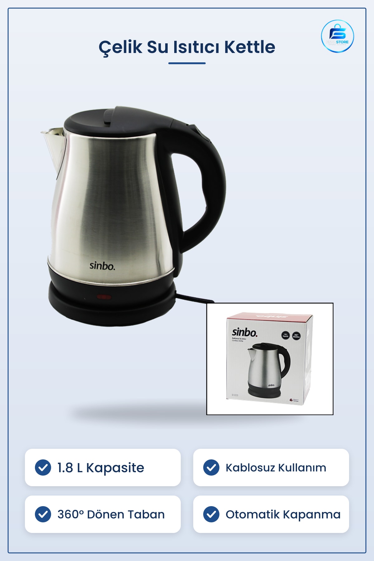Su Isıtıcı Kettle Çelik Kablosuz 1.8 L ° Taban Otomatik Kapanma Mutfak Çay Kahve Hazırlama