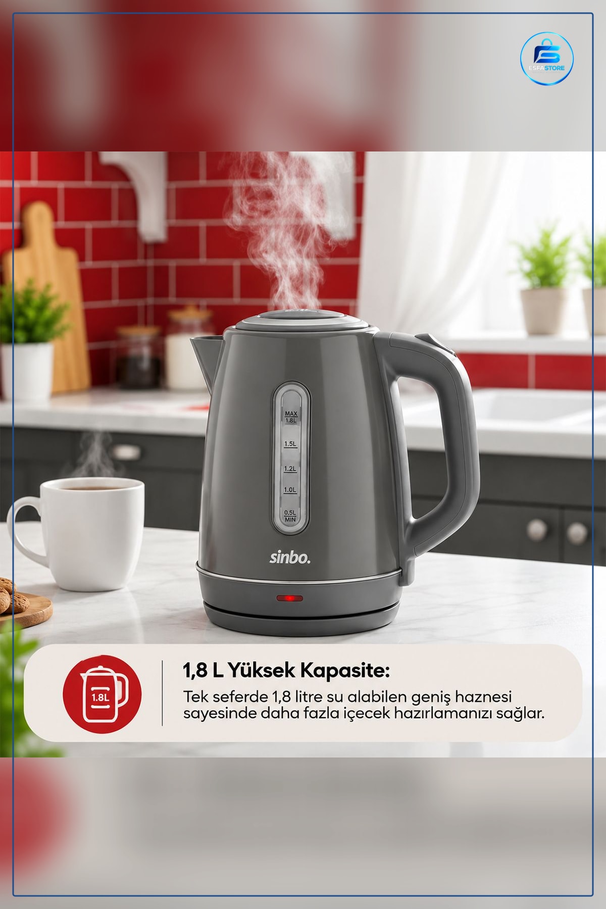 Su Isıtıcı Kettle Paslanmaz Çelik 1.8L Kablosuz Elektrikli ° Mutfak Otomatik Kapanmalı