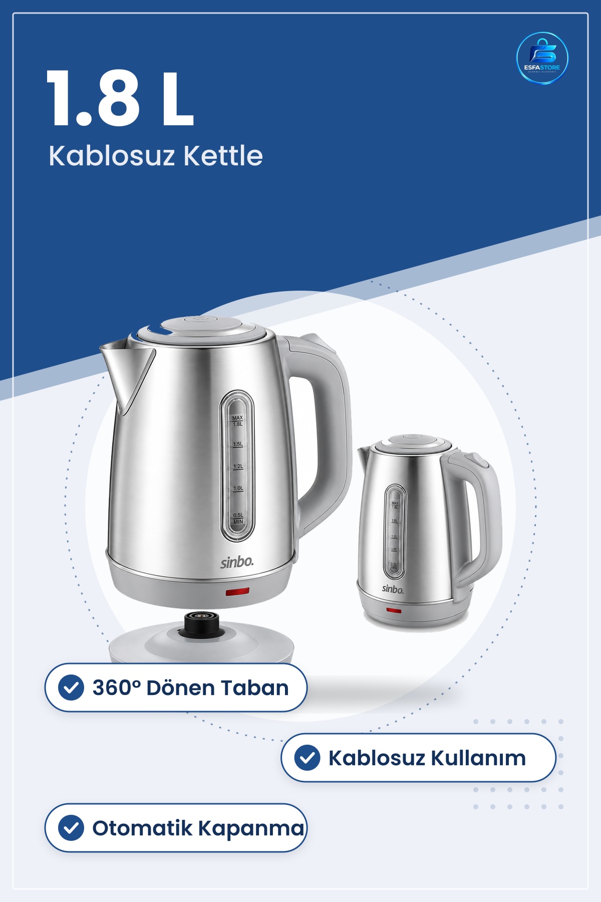 Su Isıtıcı Kettle Paslanmaz Çelik 1.8L Kablosuz Elektrikli ° Mutfak Otomatik Kapanmalı