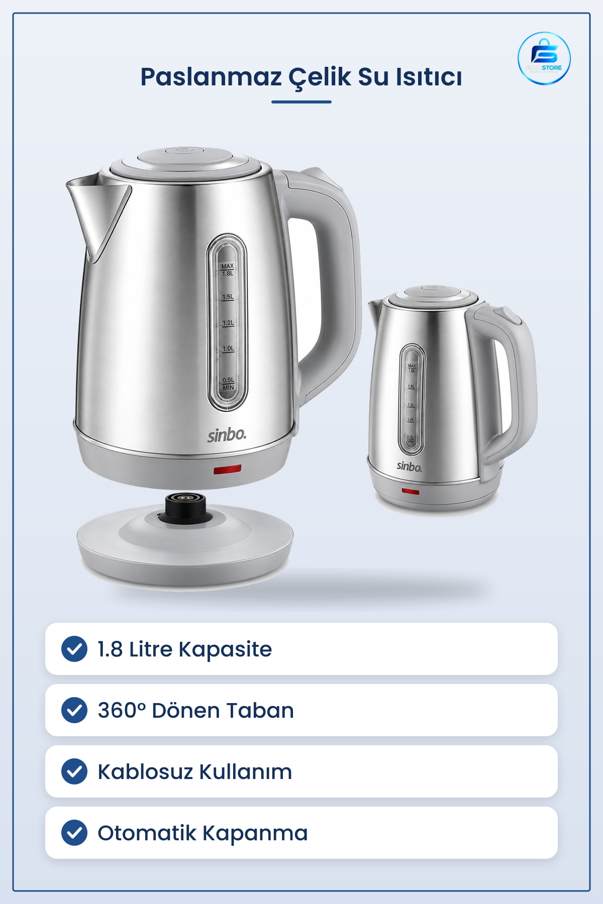 Su Isıtıcı Kettle Paslanmaz Çelik 1.8L Kablosuz Elektrikli ° Mutfak Otomatik Kapanmalı