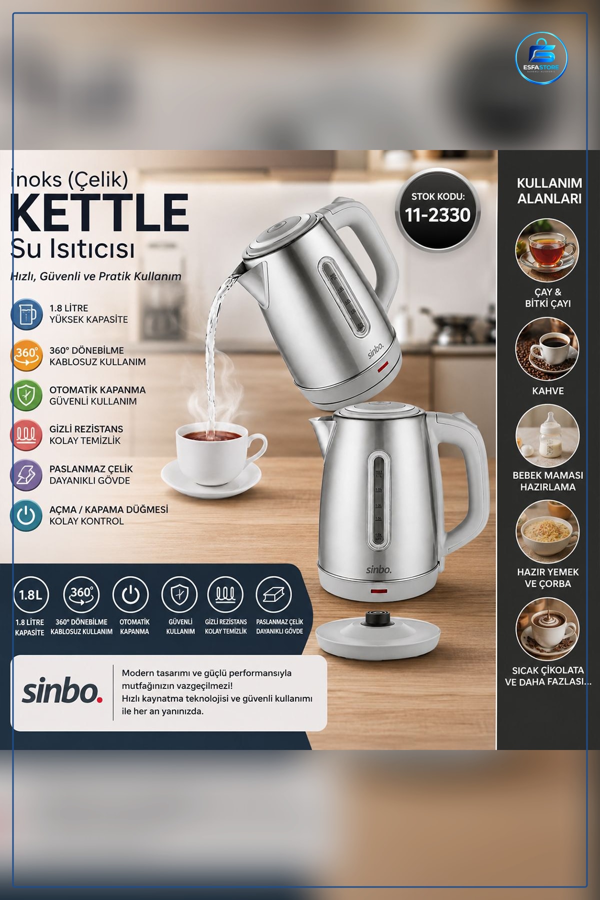 Kablosuz Su Isıtıcı Paslanmaz Çelik 1.8L Kettle ° Döner Taban Otomatik Kapanma Mutfak