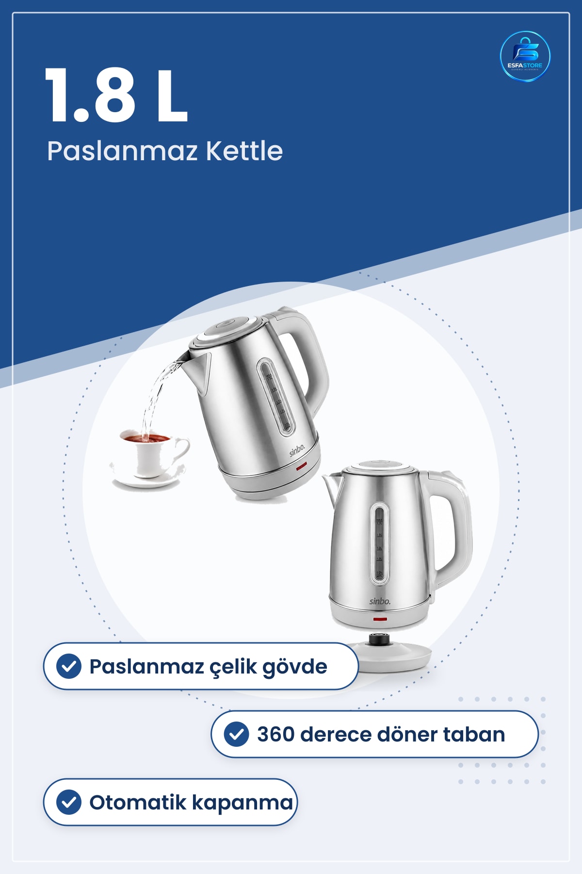 Kablosuz Su Isıtıcı Paslanmaz Çelik 1.8L Kettle ° Döner Taban Otomatik Kapanma Mutfak