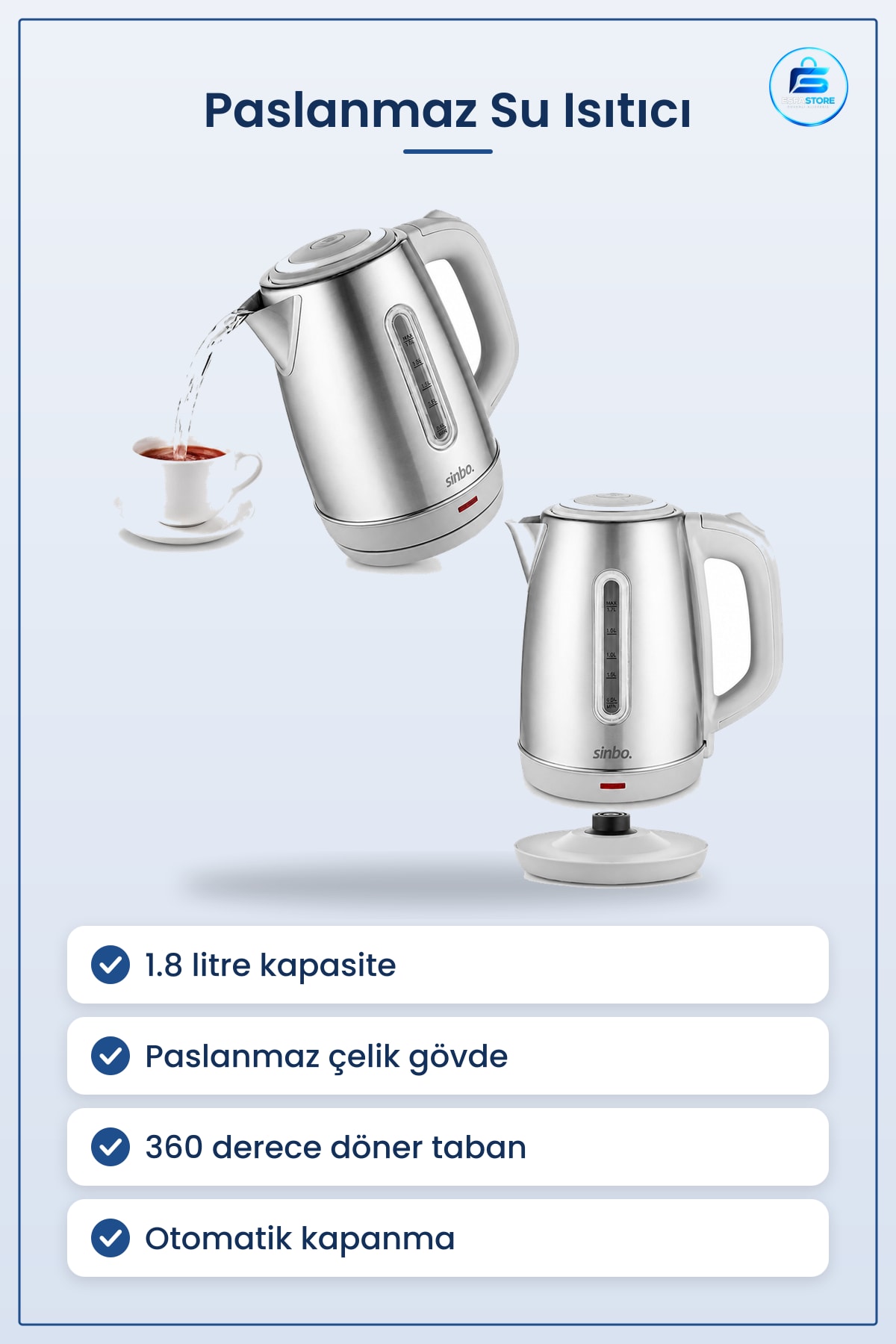 Kablosuz Su Isıtıcı Paslanmaz Çelik 1.8L Kettle ° Döner Taban Otomatik Kapanma Mutfak