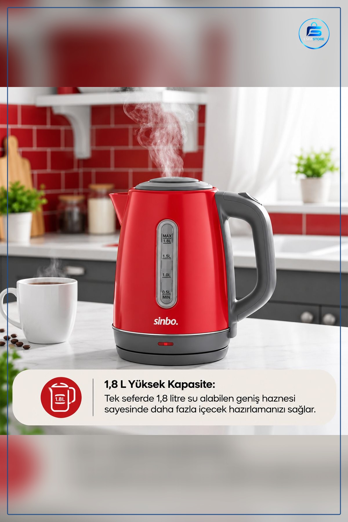 Elektrikli Su Isıtıcı 1.8 L Paslanmaz Çelik Kablosuz ° Dönebilen Taban Mutfak Kettle
