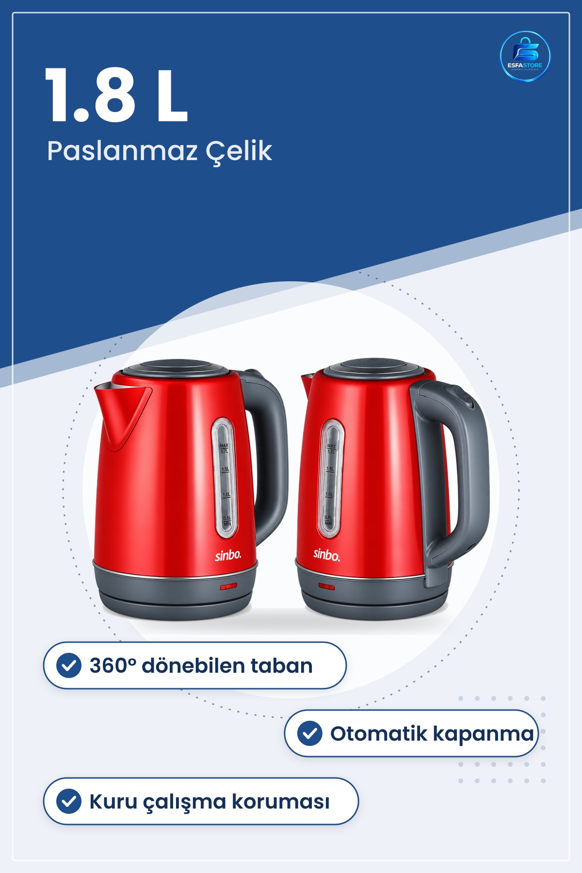 Elektrikli Su Isıtıcı 1.8 L Paslanmaz Çelik Kablosuz ° Dönebilen Taban Mutfak Kettle