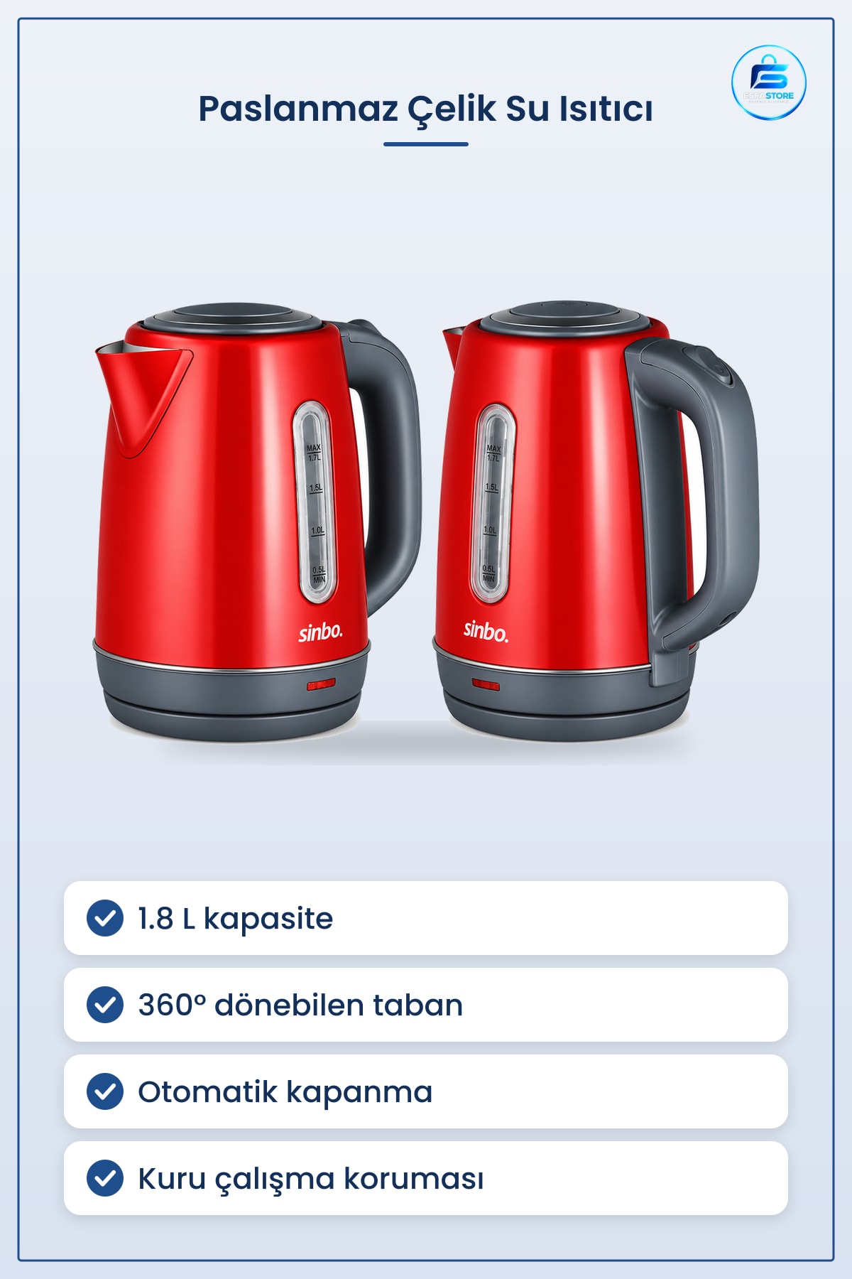 Elektrikli Su Isıtıcı 1.8 L Paslanmaz Çelik Kablosuz ° Dönebilen Taban Mutfak Kettle