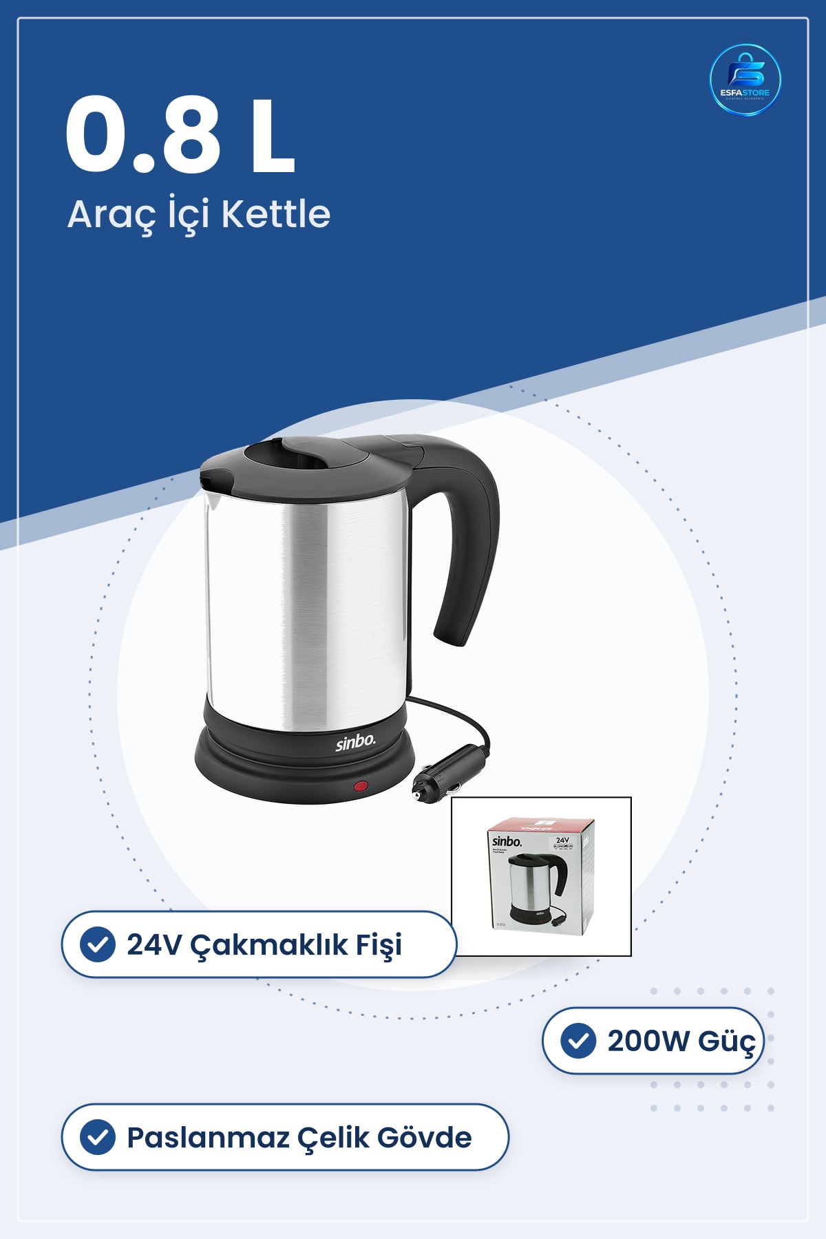 Araç İçi Su Isıtıcı Kettle 24V 0.8L 200W Paslanmaz Çelik Çakmaklık Fişli Taşınabilir Seyahat