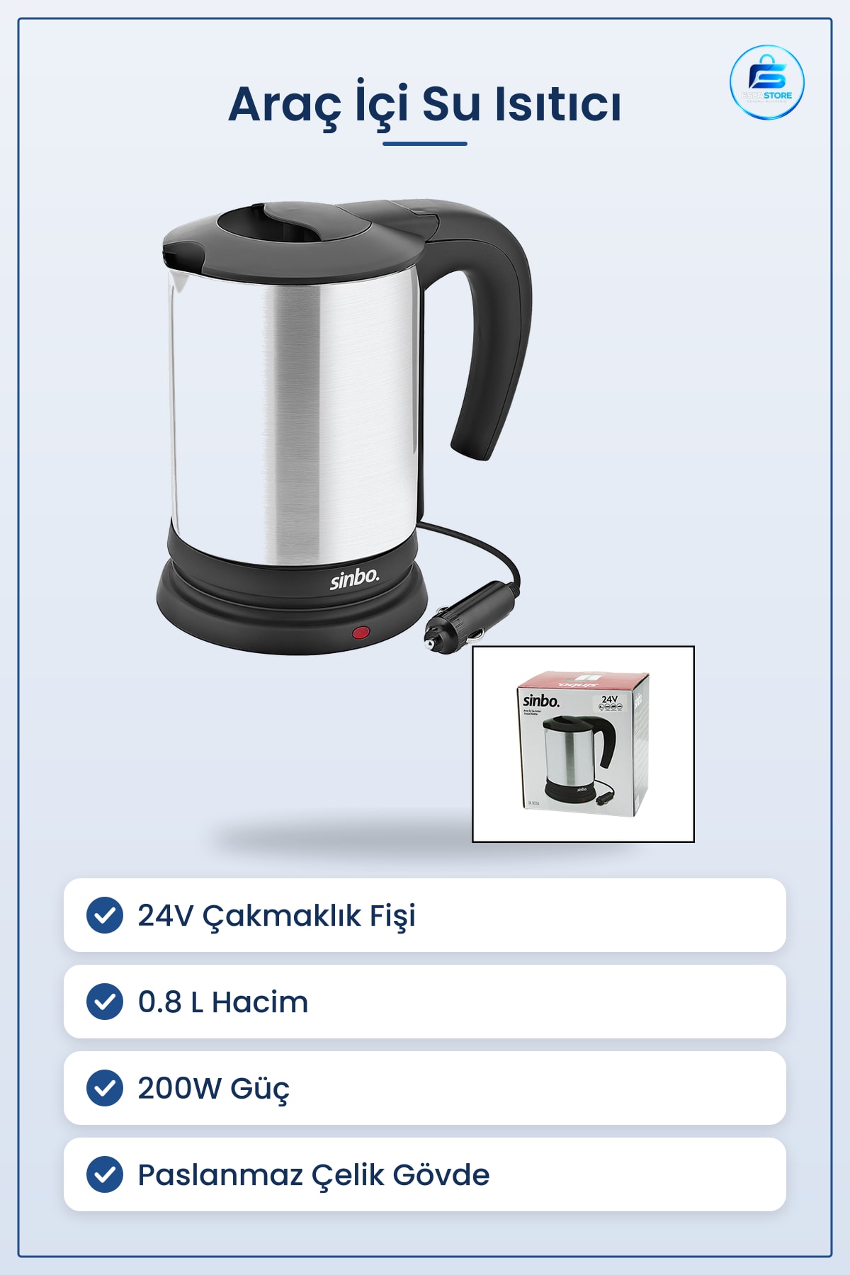 Araç İçi Su Isıtıcı Kettle 24V 0.8L 200W Paslanmaz Çelik Çakmaklık Fişli Taşınabilir Seyahat