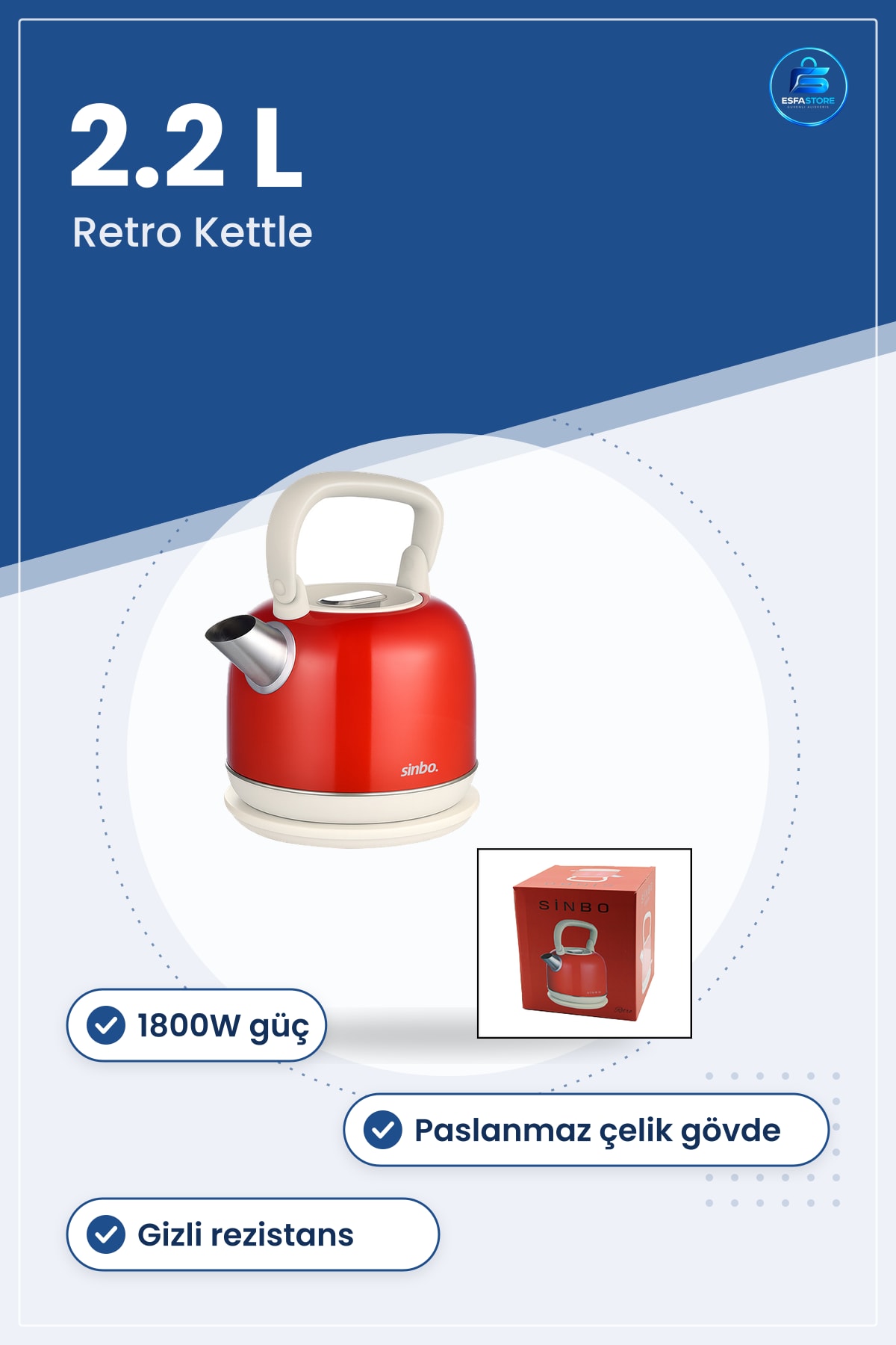 Retro Elektrikli Kettle Su Isıtıcı 2.2 L 1800W Paslanmaz Çelik Gizli Rezistanslı Mutfak Çay Kahve