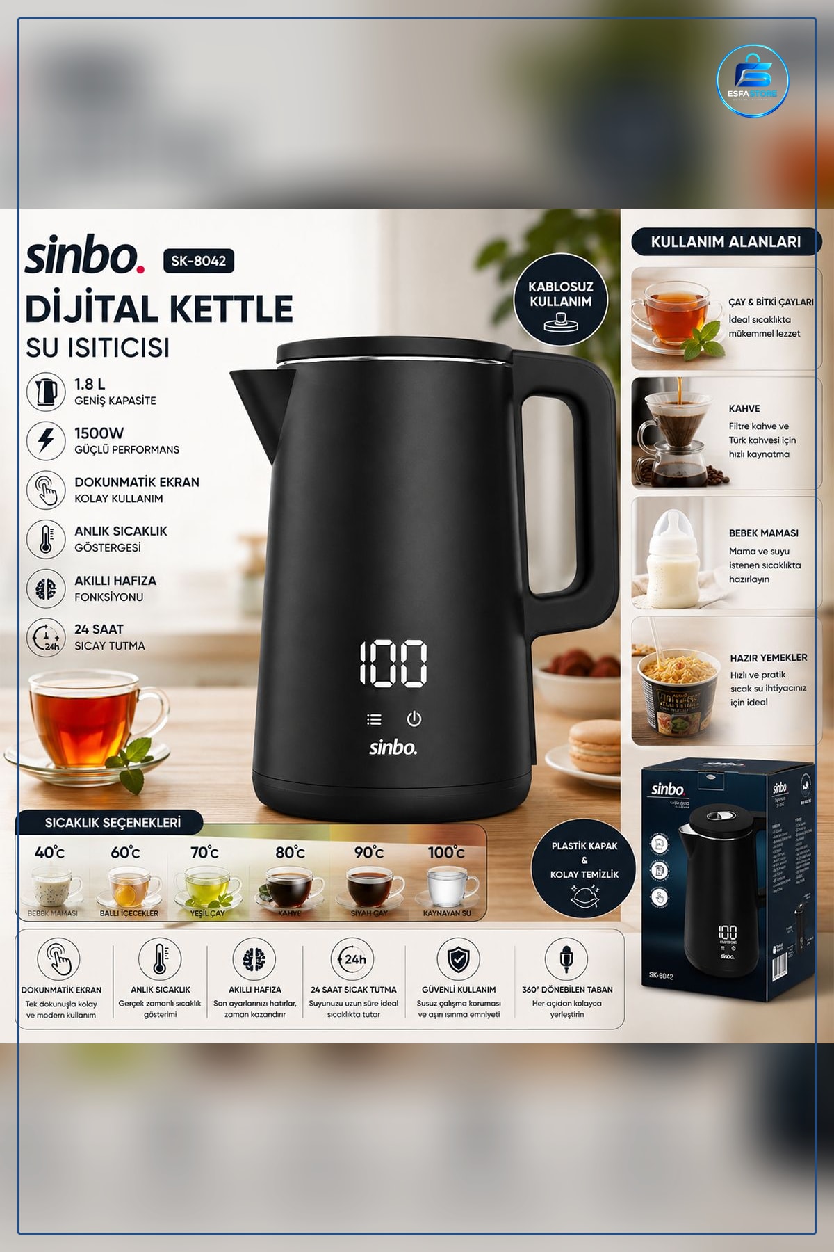 Su Isıtıcı 1.8L 1500W Dijital Kablosuz Dokunmatik Ekranlı Kettle Mutfak Çay Kahve Ev Aletleri