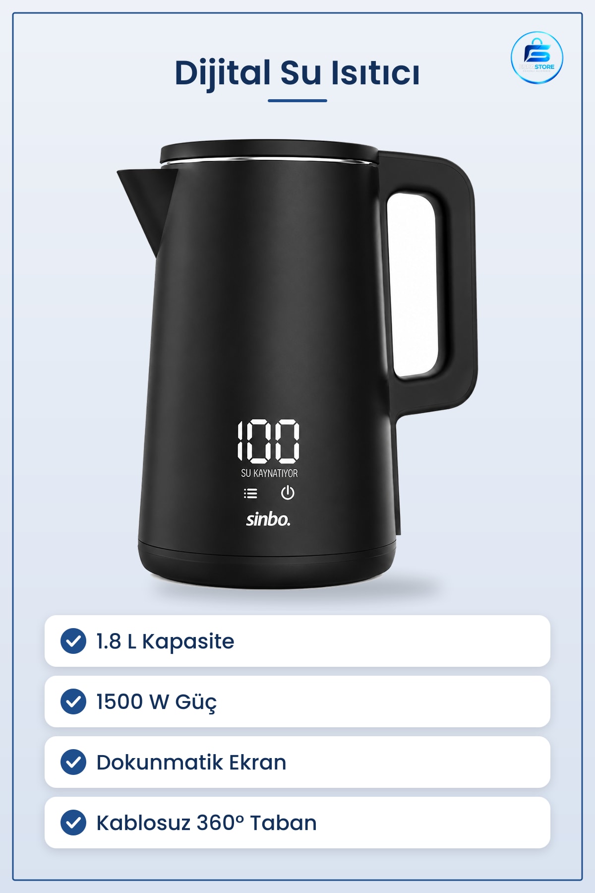 Su Isıtıcı 1.8L 1500W Dijital Kablosuz Dokunmatik Ekranlı Kettle Mutfak Çay Kahve Ev Aletleri