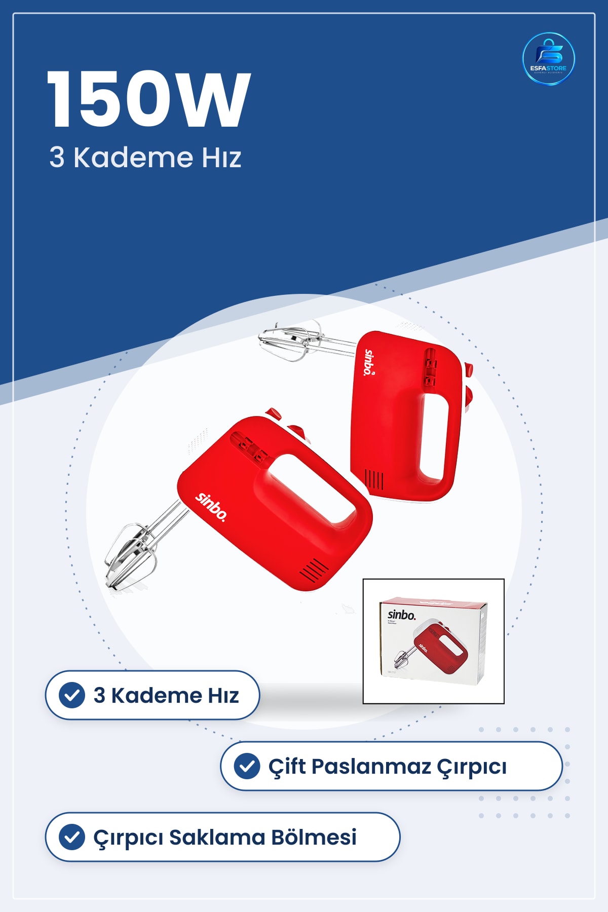 El Mikseri 150W 3 Kademe Hız Çelik Çırpıcı Yiyecek Hazırlama Mutfak Kolay Çıkarma Düğmeli