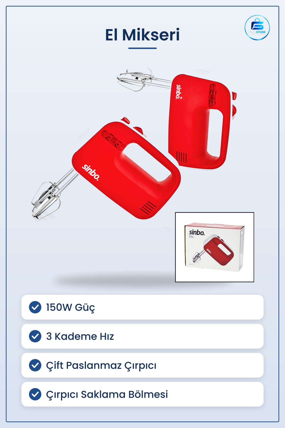El Mikseri 150W 3 Kademe Hız Çelik Çırpıcı Yiyecek Hazırlama Mutfak Kolay Çıkarma Düğmeli
