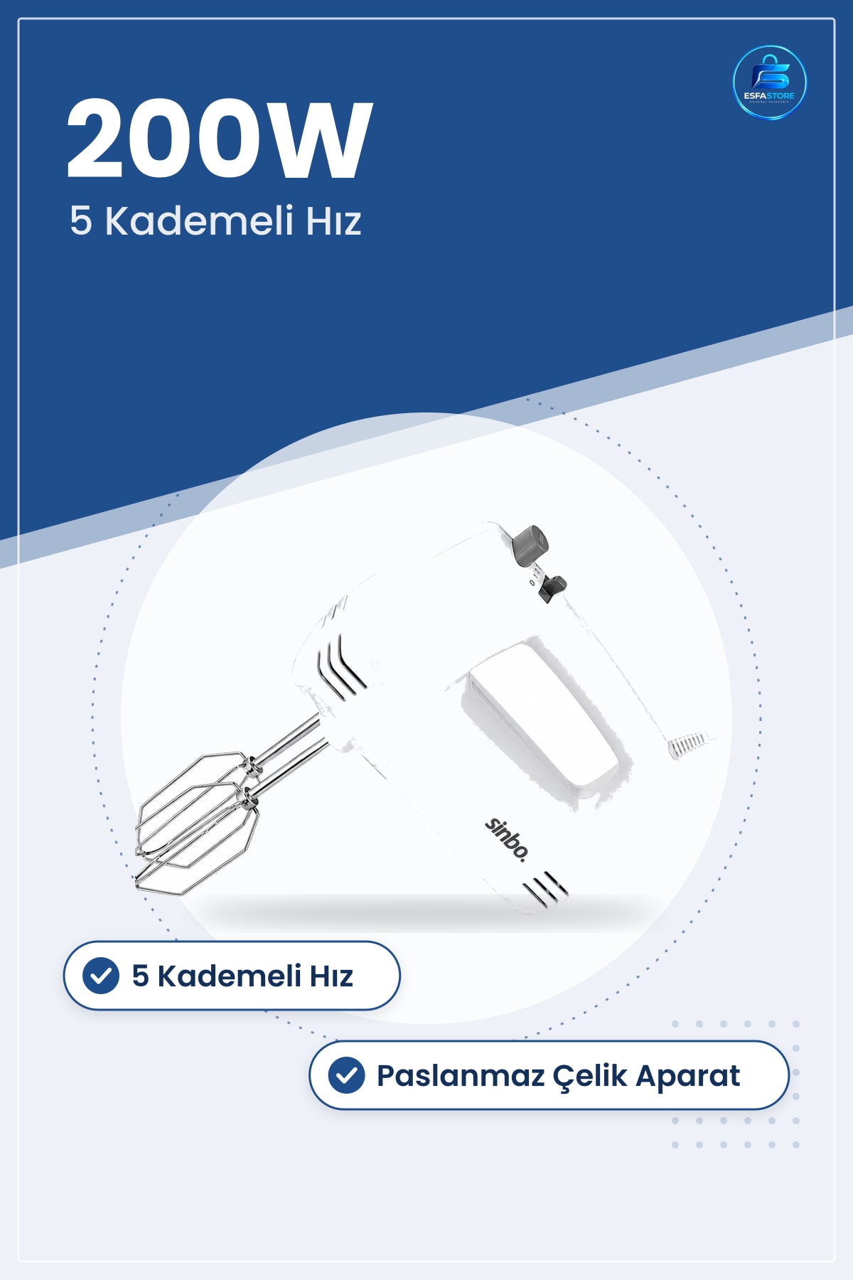 El Mikser 200W 5 Kademeli Paslanmaz Çelik Aparatlı Hamur Kancası Çırpıcı Kek Krema Mutfak