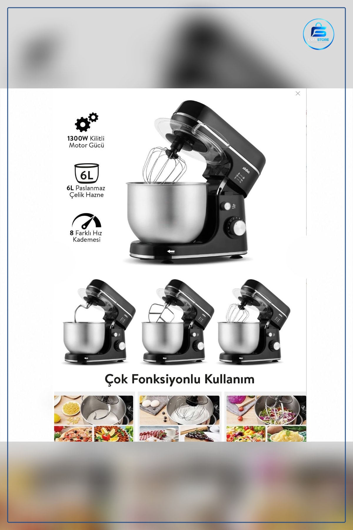 Stand Mikser 6L 1300W 8 Kademe Paslanmaz Çelik Hazneli Hamur Yoğurucu Çırpıcı Set Mutfak