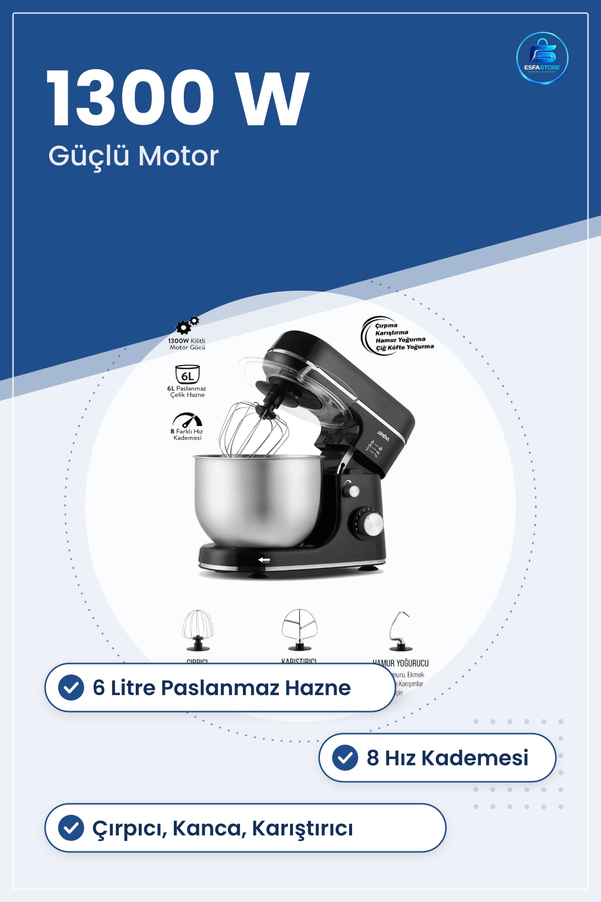 Stand Mikser 6L 1300W 8 Kademe Paslanmaz Çelik Hazneli Hamur Yoğurucu Çırpıcı Set Mutfak