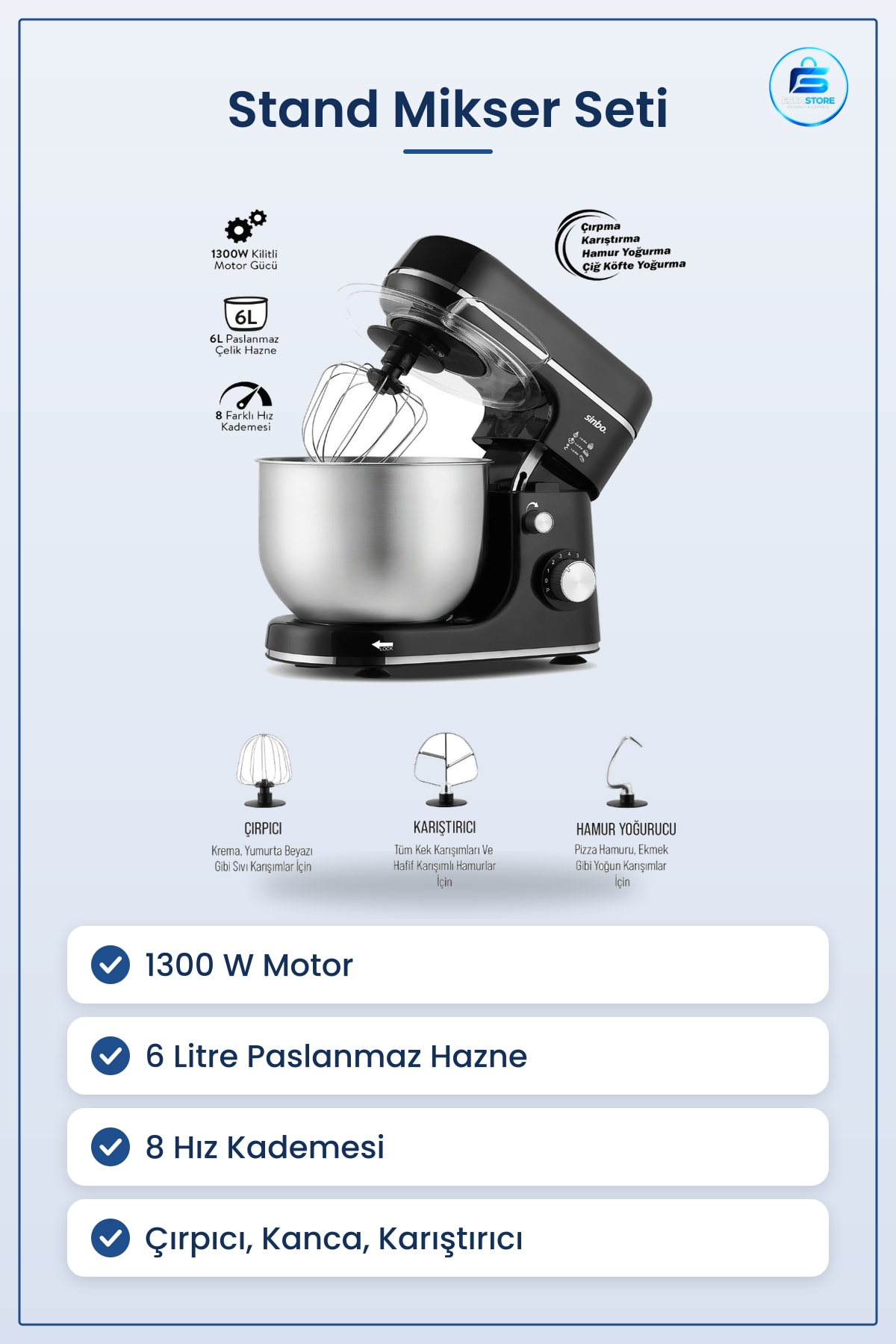 Stand Mikser 6L 1300W 8 Kademe Paslanmaz Çelik Hazneli Hamur Yoğurucu Çırpıcı Set Mutfak