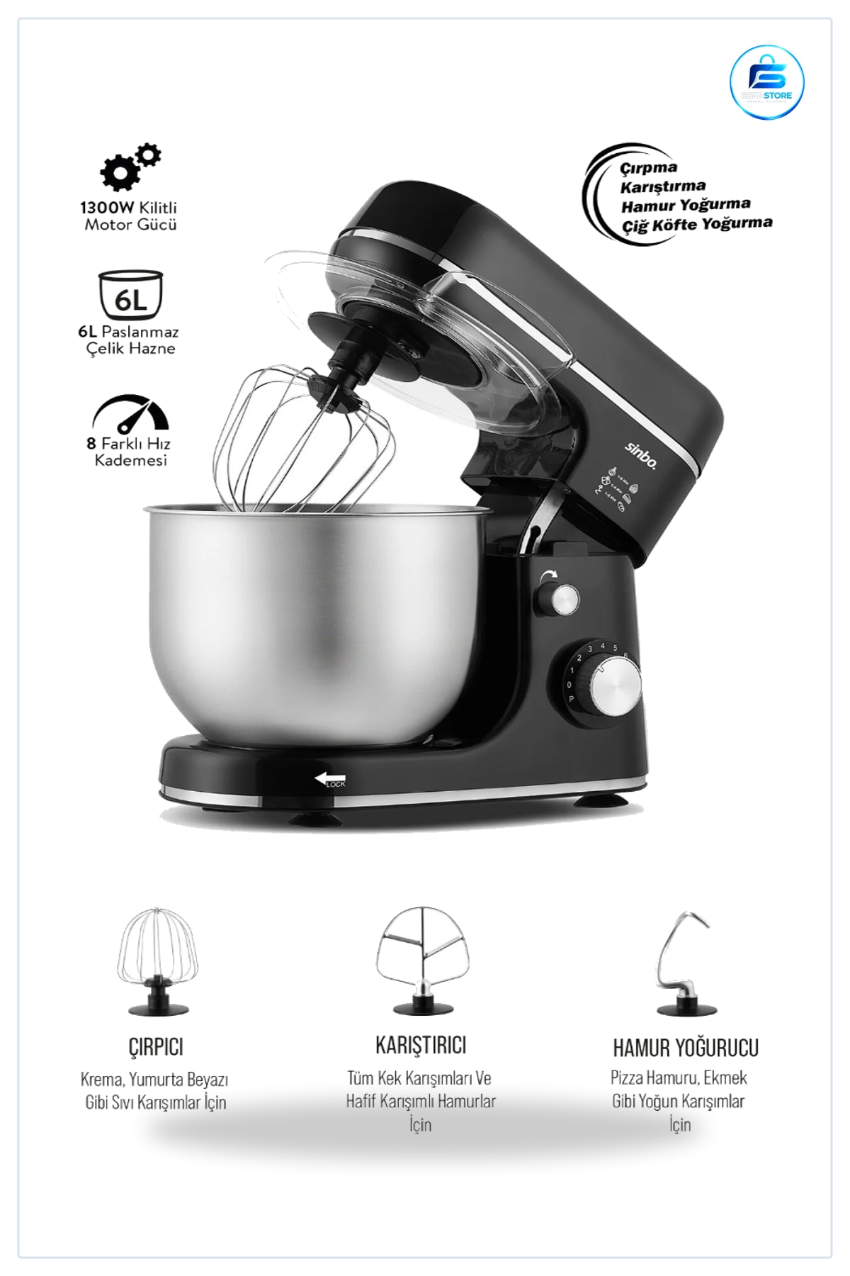 Stand Mikser 6L 1300W 8 Kademe Paslanmaz Çelik Hazneli Hamur Yoğurucu Çırpıcı Set Mutfak