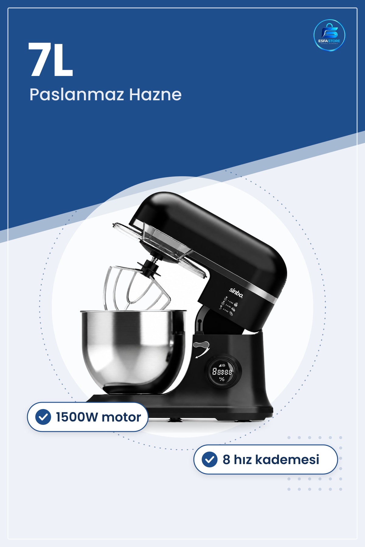 Stand Mikser 7L 1500W 8 Hız Paslanmaz Hazneli Çırpıcı Hamur Yoğurucu Mutfak Krema Kek