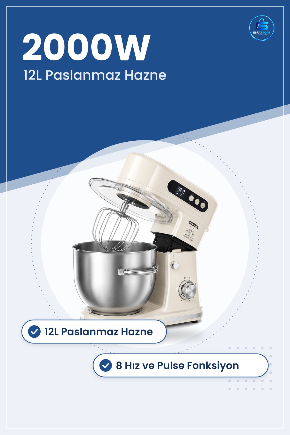 Stand Mikser 2000W 12L Paslanmaz Çelik Kaseli Hamur Yoğurucu 8 Hız Mutfak Kek Krema Çırpma