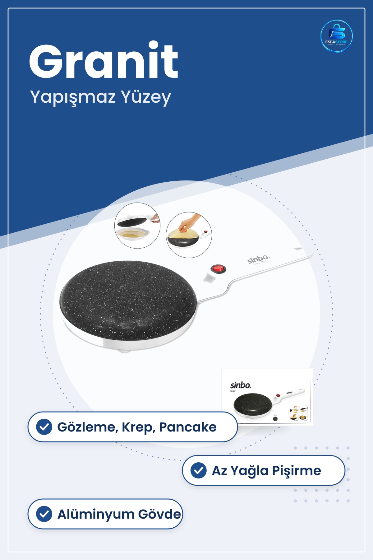 Granit Kaplama Elektrikli Gözleme ve Krep Tava Yapışmaz Yüzey Mutfak Pişirici Kolay Temizlik