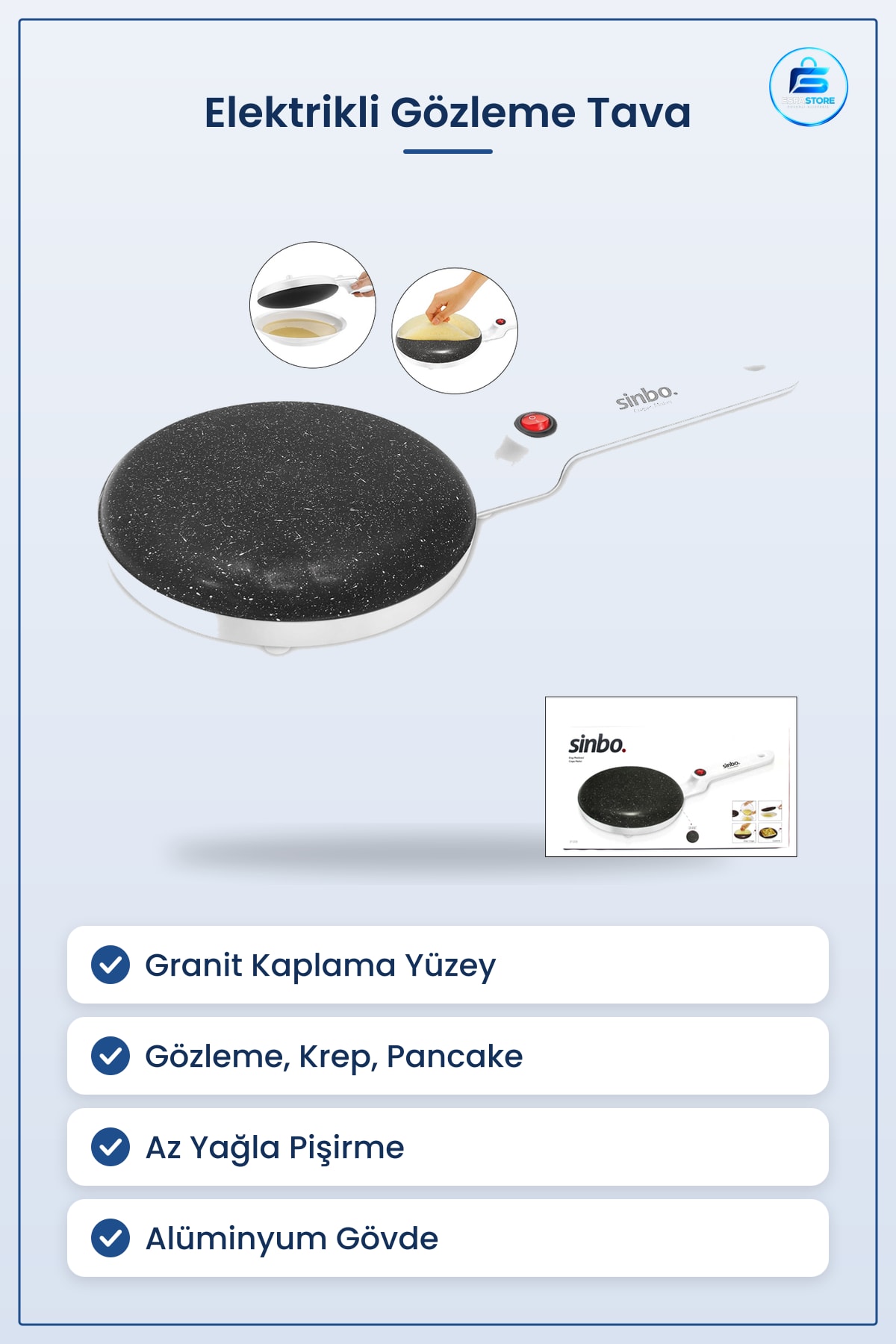 Granit Kaplama Elektrikli Gözleme ve Krep Tava Yapışmaz Yüzey Mutfak Pişirici Kolay Temizlik