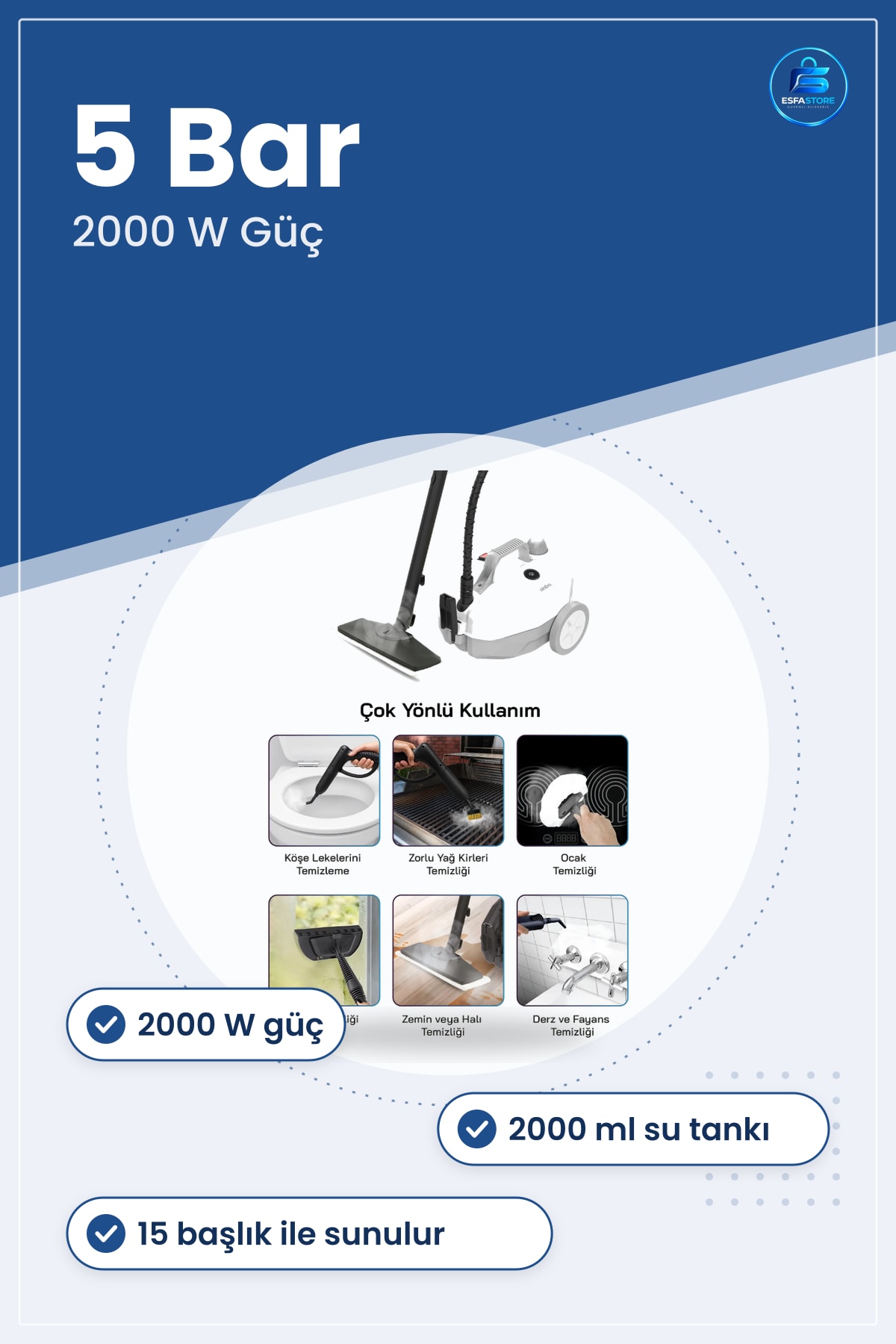 Buharlı Temizleyici 2000W 5 Bar 2000ml Başlık Ev ve İş Yeri Halı Fayans Cam Temizlik Makinesi
