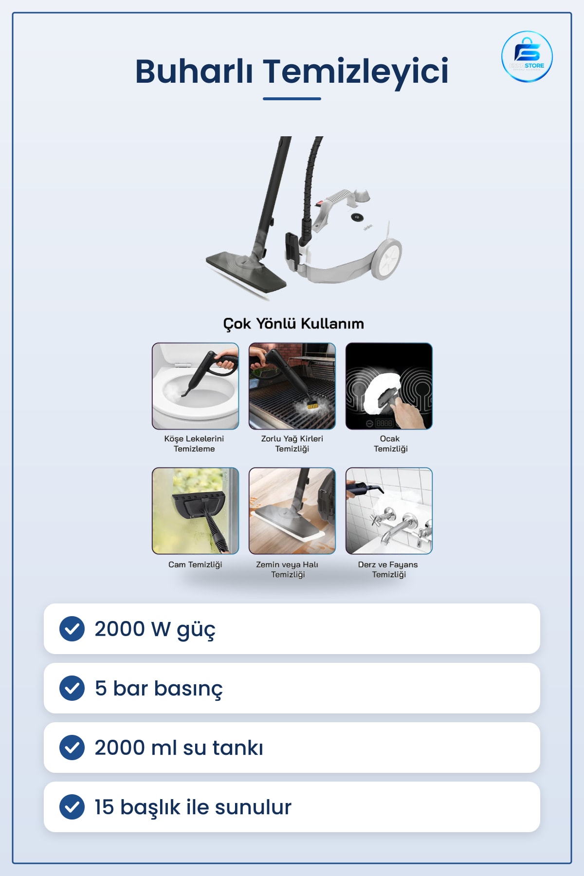 Buharlı Temizleyici 2000W 5 Bar 2000ml Başlık Ev ve İş Yeri Halı Fayans Cam Temizlik Makinesi