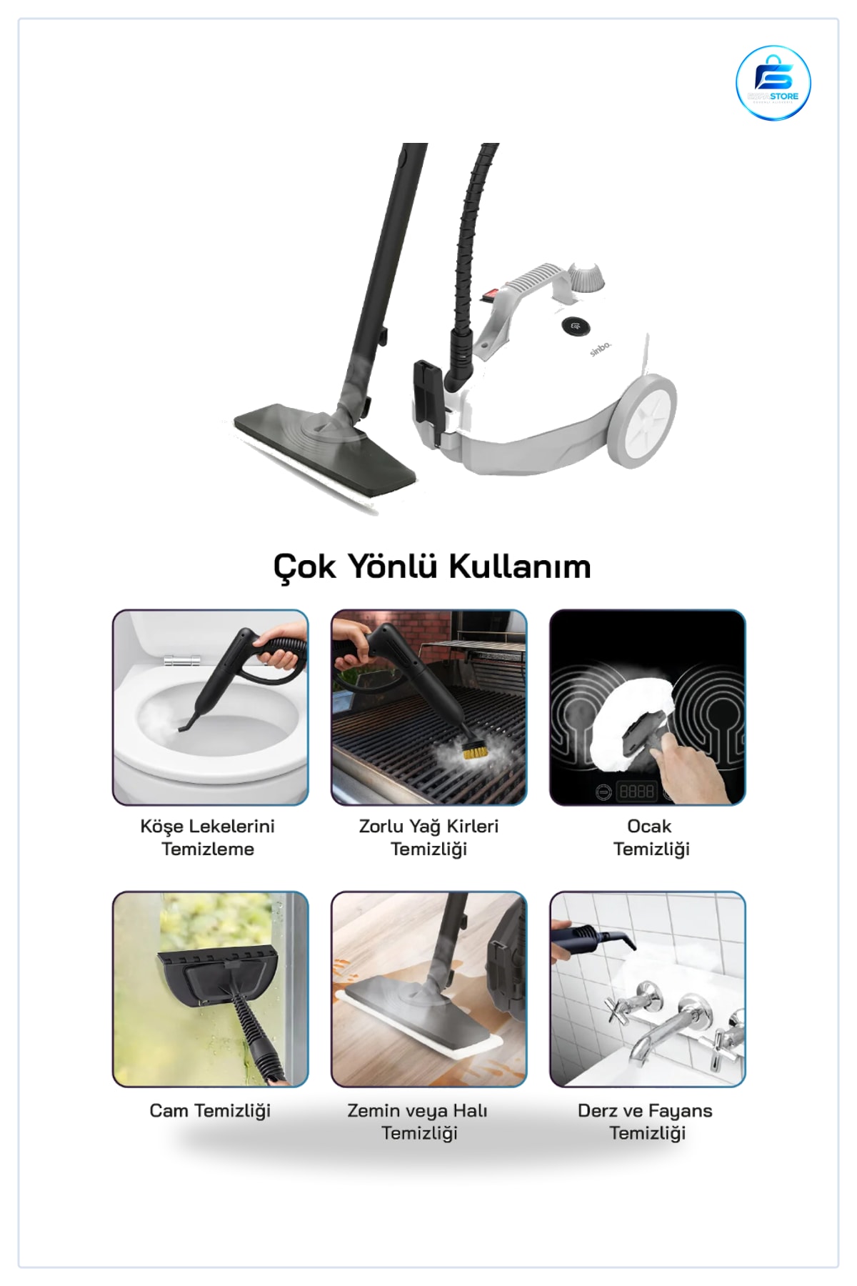 Buharlı Temizleyici 2000W 5 Bar 2000ml Başlık Ev ve İş Yeri Halı Fayans Cam Temizlik Makinesi