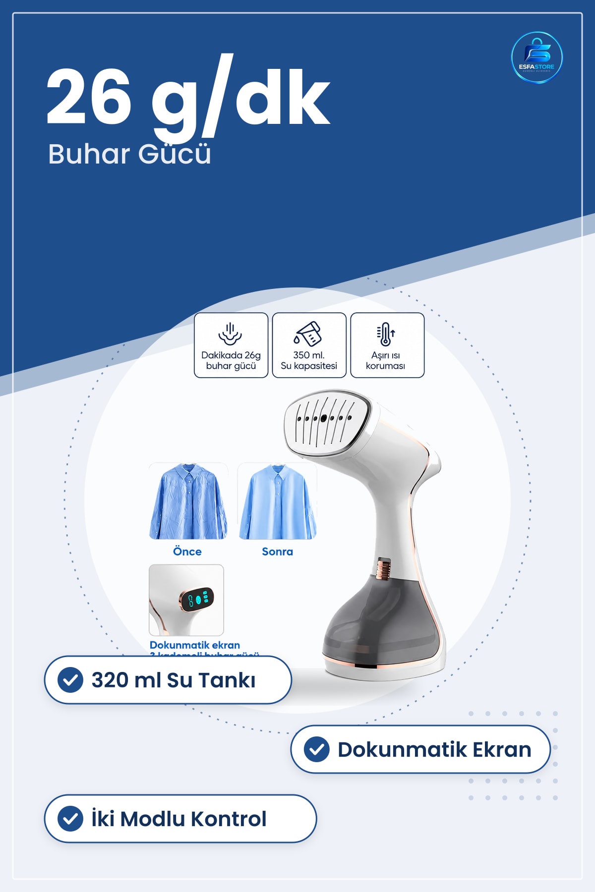 Buharlı Dikey Ütü 320ml Taşınabilir Kırışıklık Giderici Dokunmatik Ekranlı 26 g/dk Buhar Seyahat