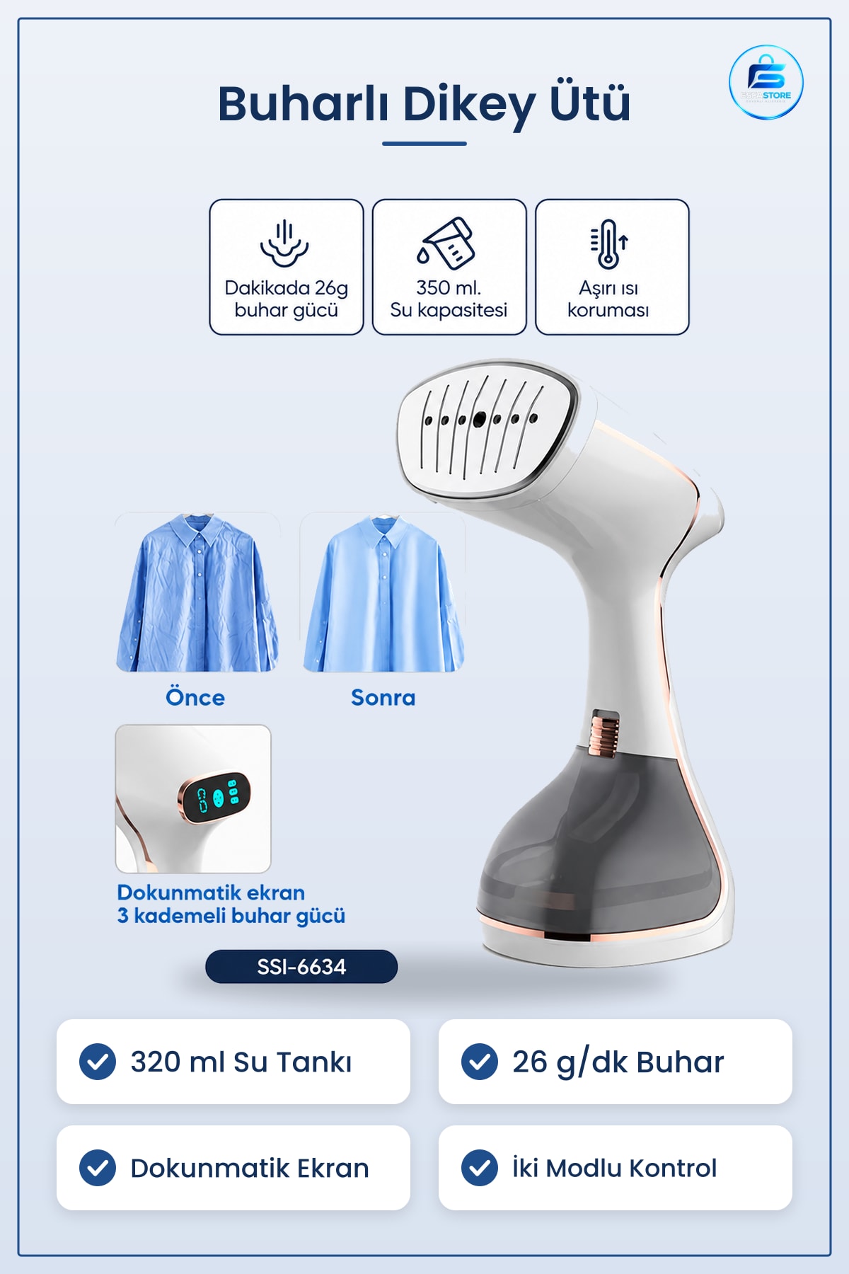 Buharlı Dikey Ütü 320ml Taşınabilir Kırışıklık Giderici Dokunmatik Ekranlı 26 g/dk Buhar Seyahat