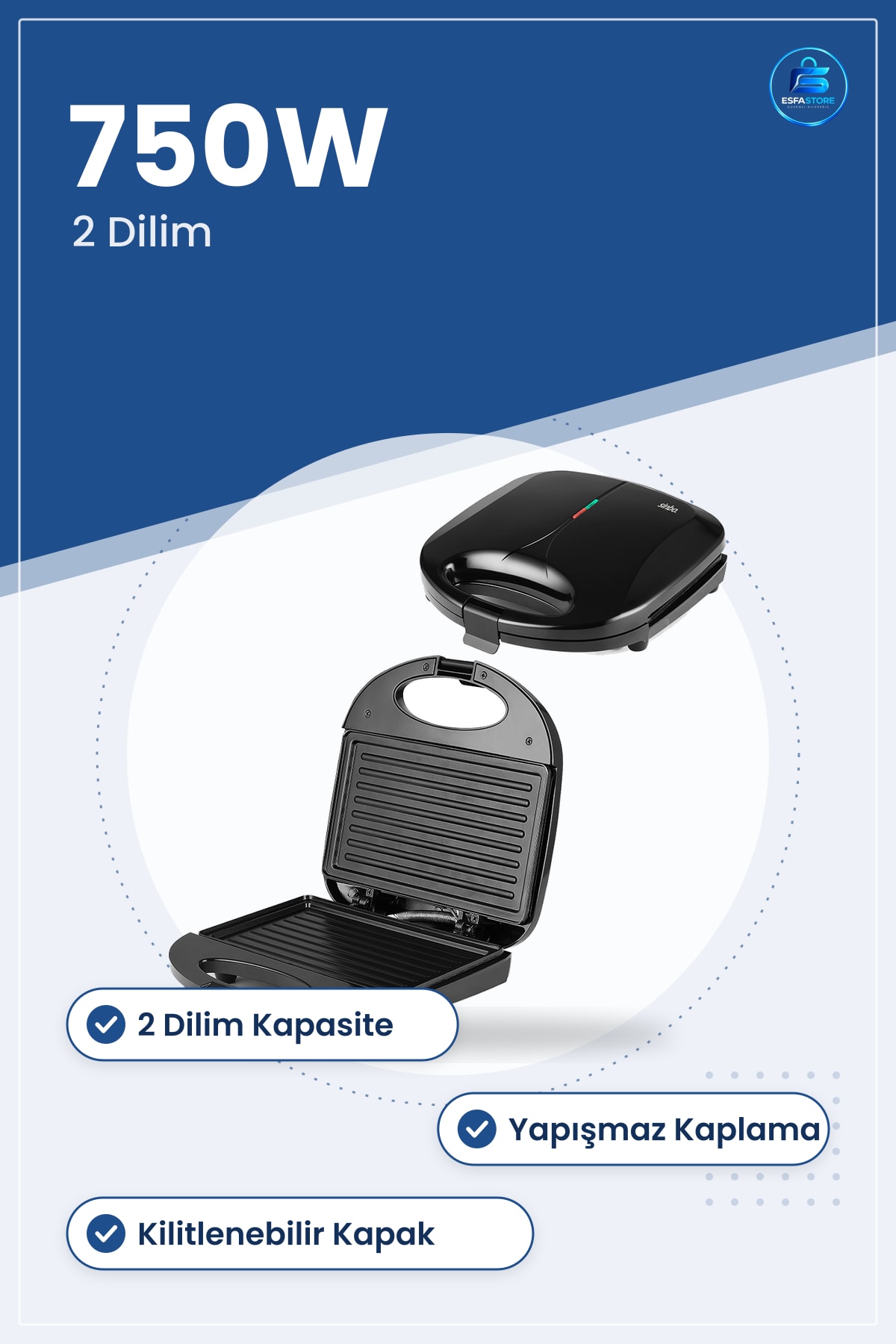 Mini Tost Makinesi 2 Dilim 750W Yapışmaz Kaplamalı Kilitlenebilir Kapaklı Mutfak Sandviç Ofis