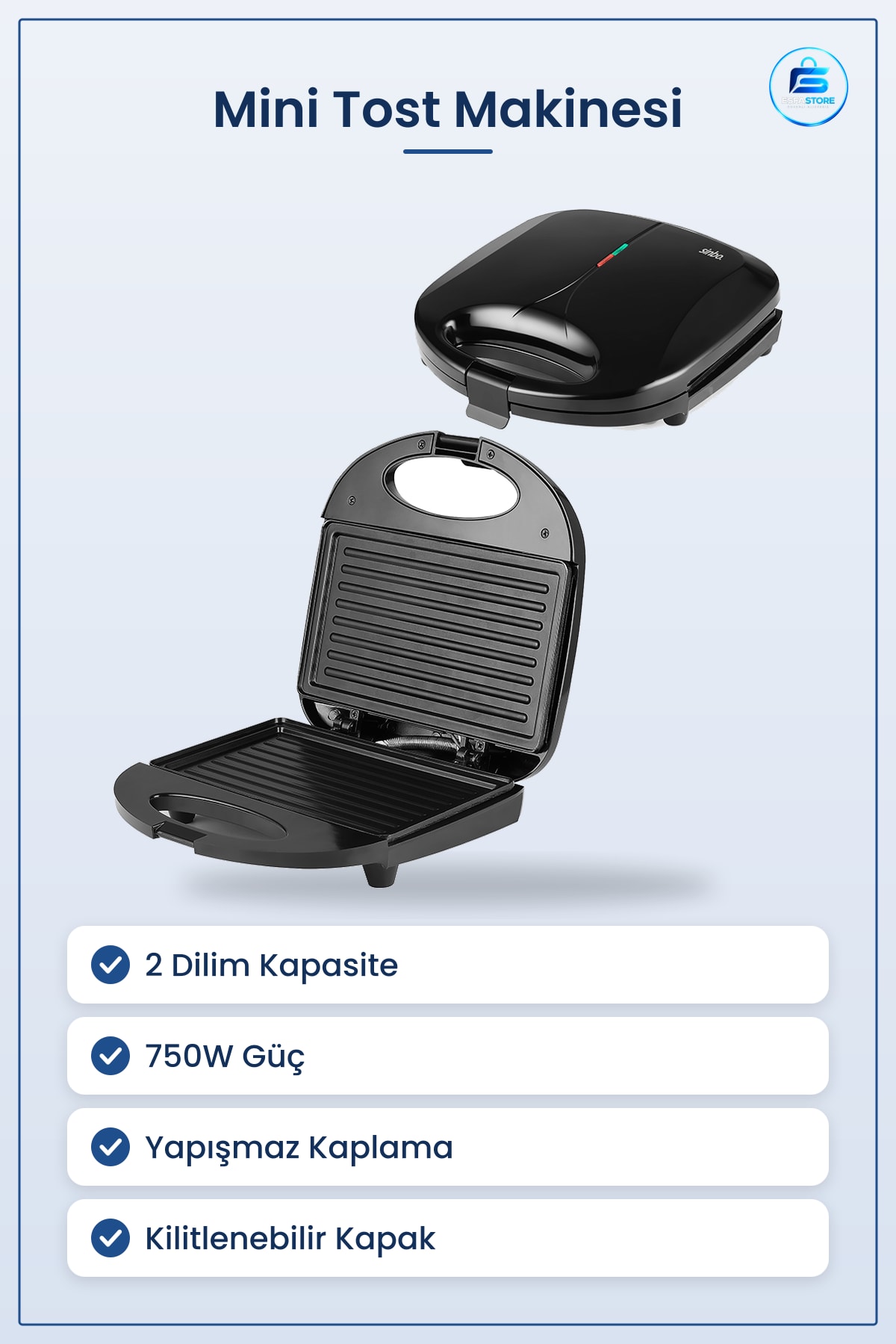 Mini Tost Makinesi 2 Dilim 750W Yapışmaz Kaplamalı Kilitlenebilir Kapaklı Mutfak Sandviç Ofis