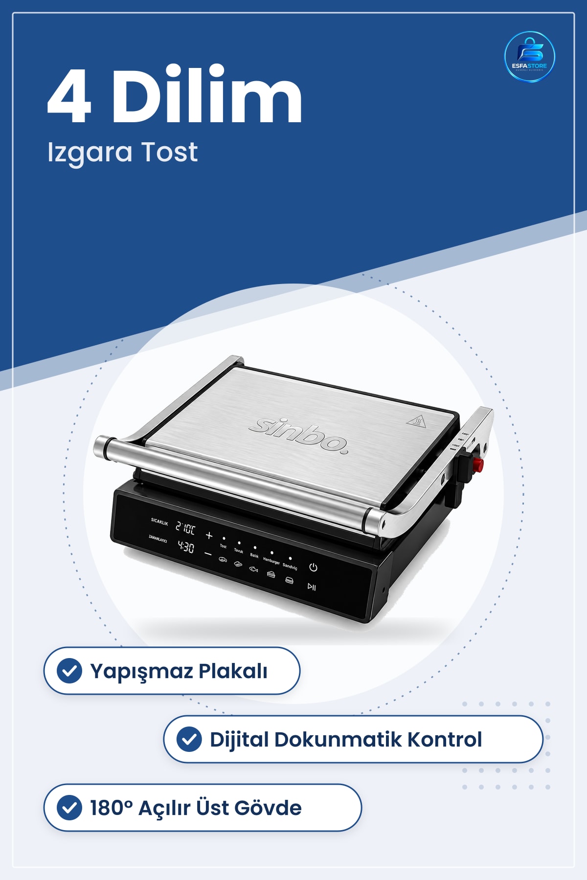 Tost Makinesi 4 Dilim Izgara Krom Dijital Dokunmatik Kontrollü Yapışmaz Plakalı Elektrikli