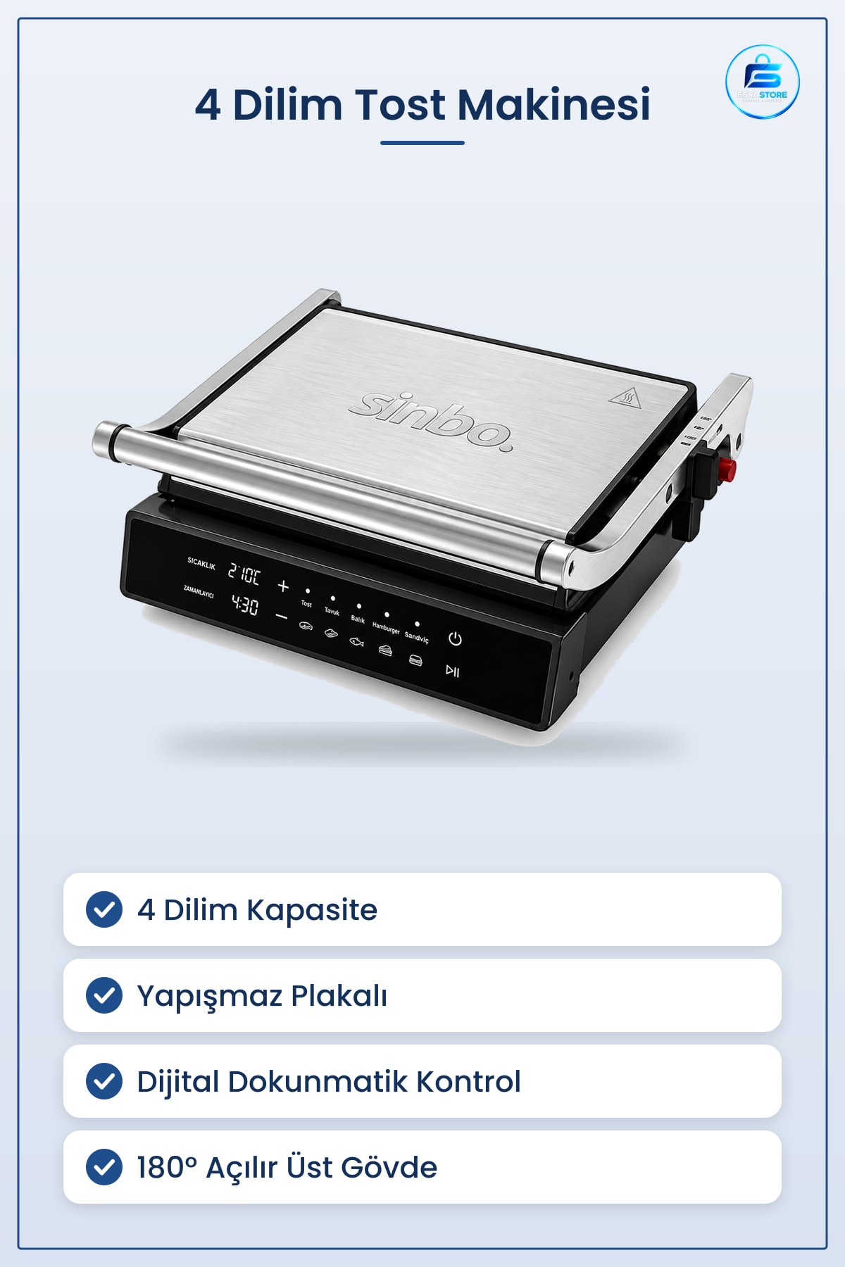 Tost Makinesi 4 Dilim Izgara Krom Dijital Dokunmatik Kontrollü Yapışmaz Plakalı Elektrikli