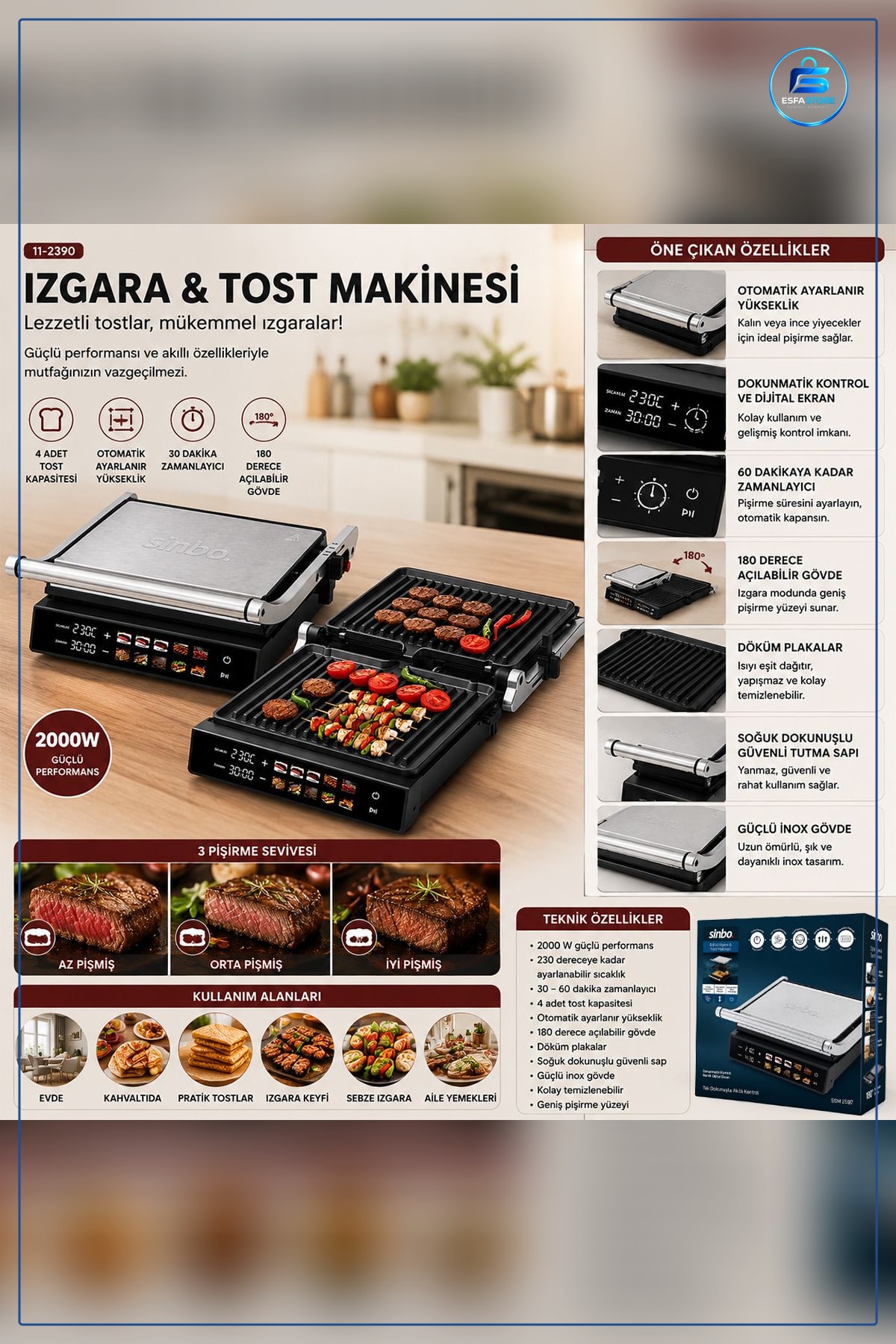 Izgara ve Tost Makinesi 4 Dilim 2000W Yapışmaz Dokunmatik Ekranlı Metal Gövdeli Kompakt Mutfak