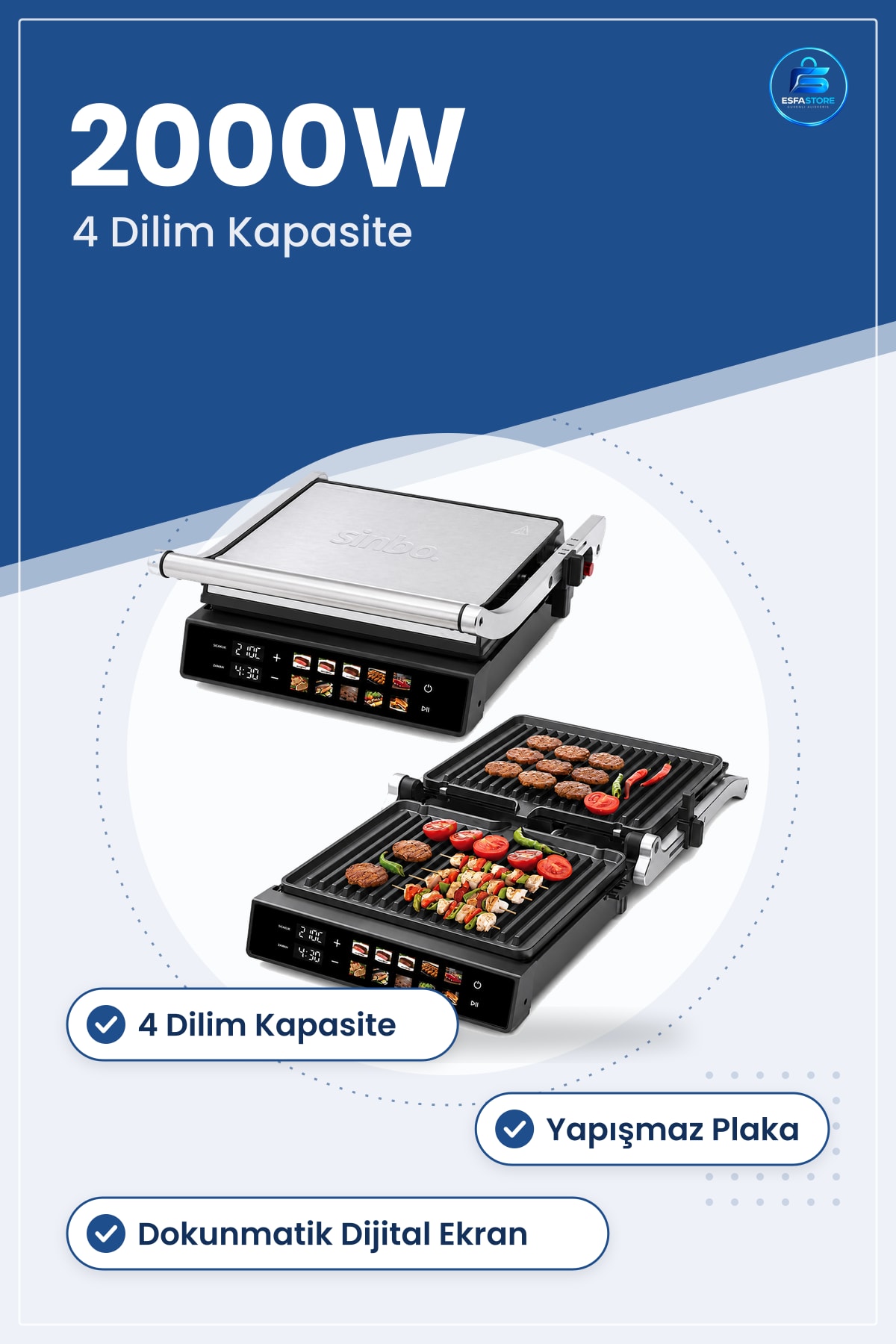 Izgara ve Tost Makinesi 4 Dilim 2000W Yapışmaz Dokunmatik Ekranlı Metal Gövdeli Kompakt Mutfak