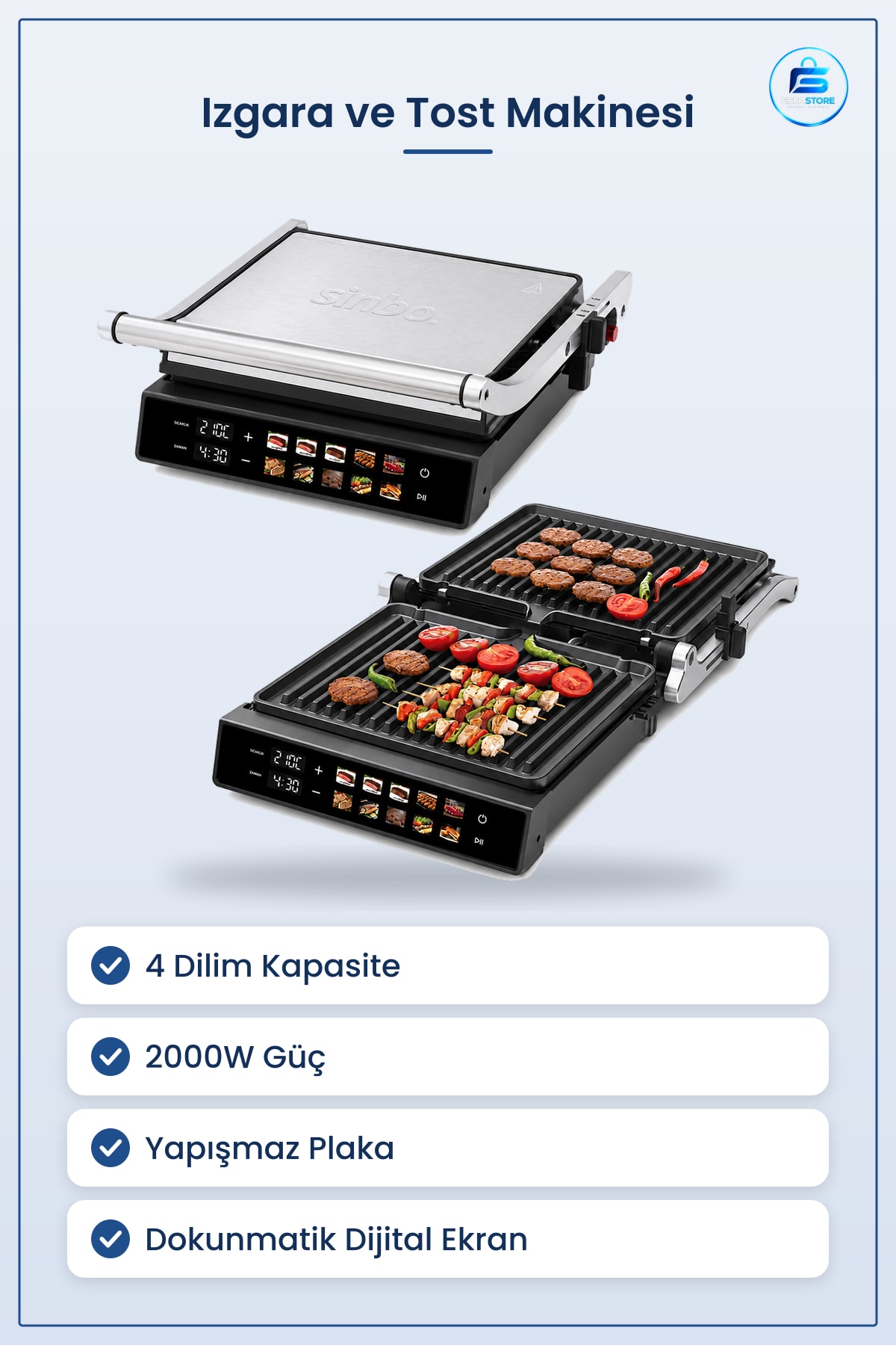 Izgara ve Tost Makinesi 4 Dilim 2000W Yapışmaz Dokunmatik Ekranlı Metal Gövdeli Kompakt Mutfak